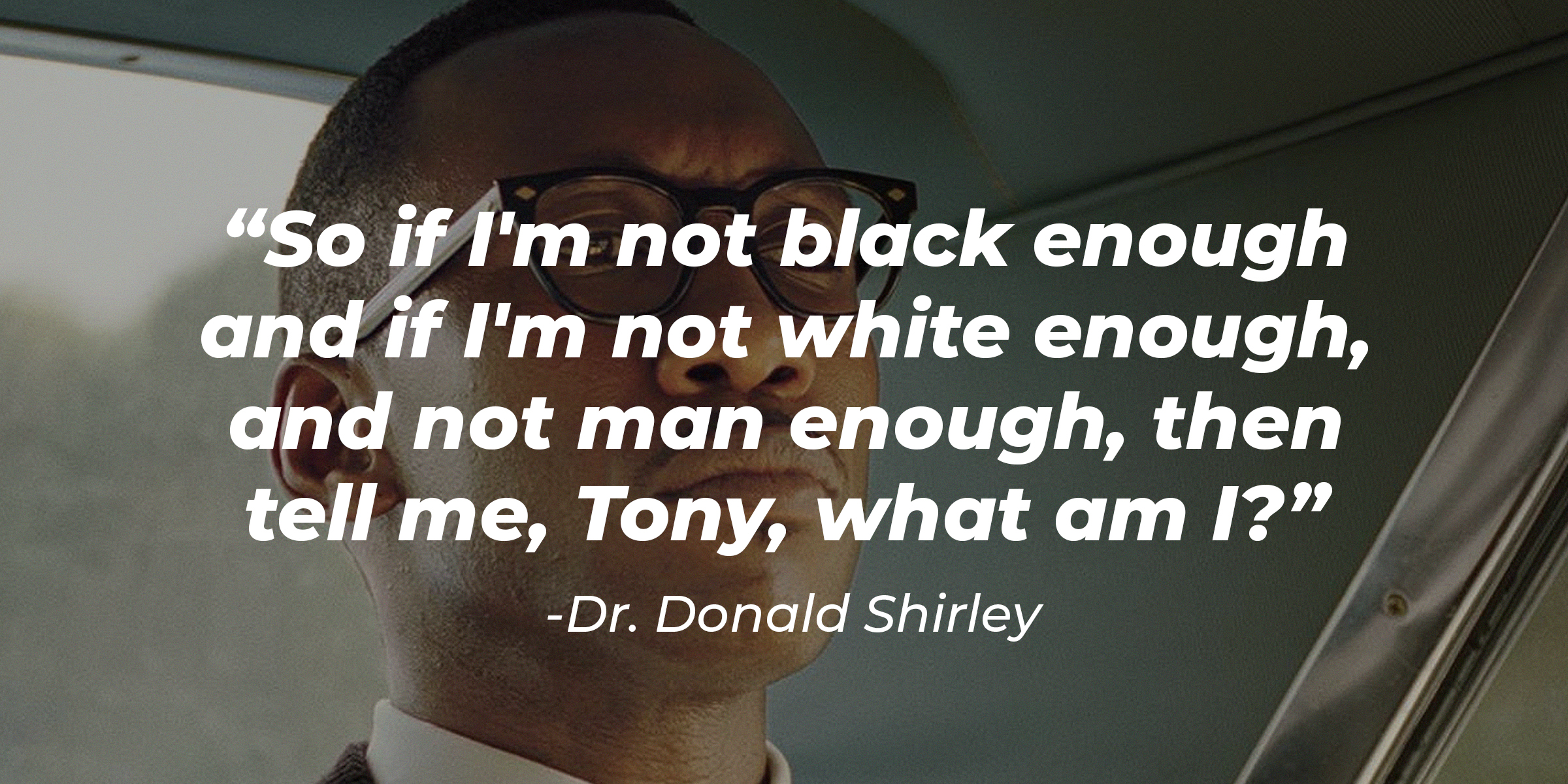 A photo of Dr. Donald Shirley with Dr. Donald Shirley's quote: “So if I'm not black enough and if I'm not white enough, and not man enough, then tell me, Tony, what am I?” | Source: facebook.com/Greenbookmovie