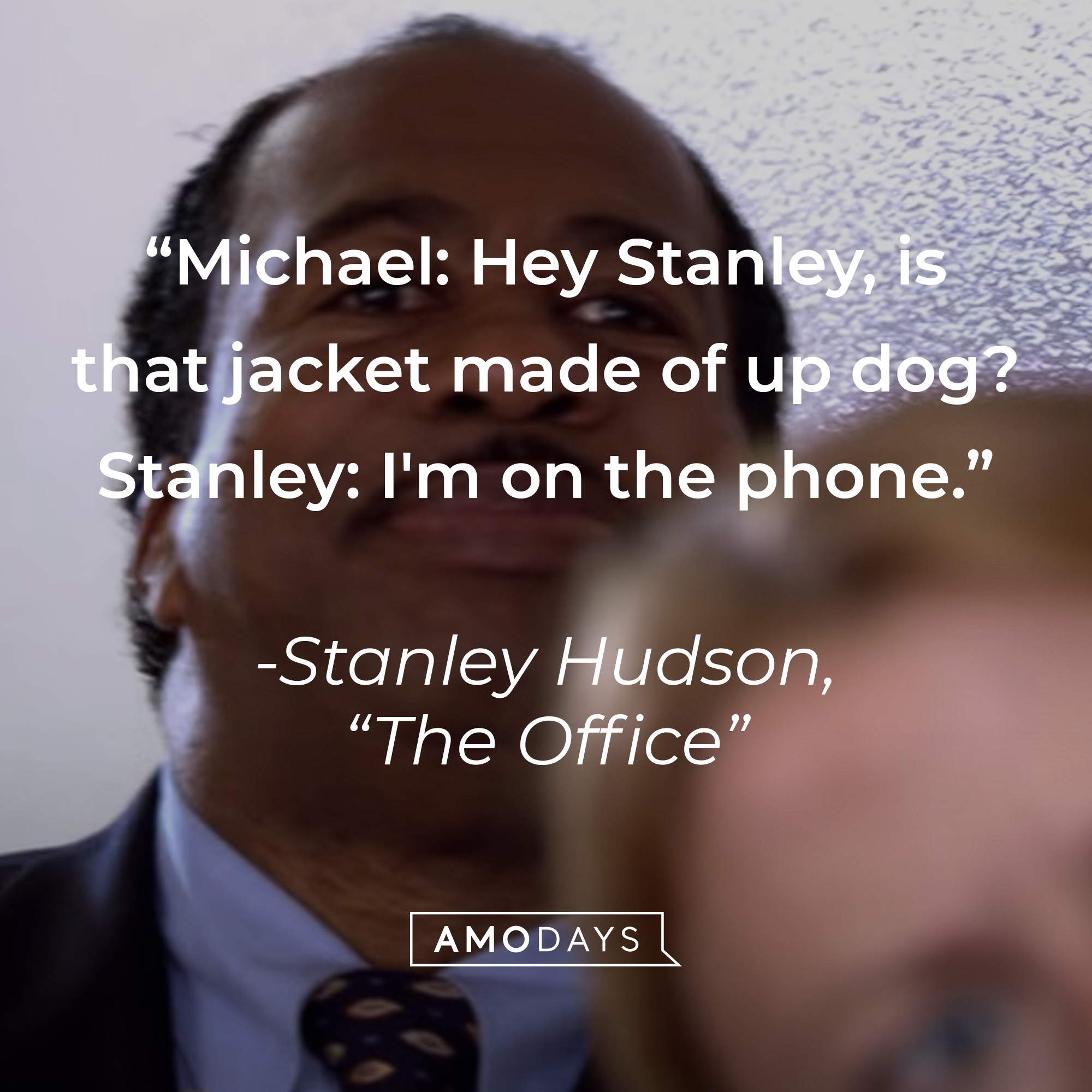 An image of Leslie David Baker as Stanley Hudson in "The Office" with the dialogue: "Michael: Hey Stanley, is that jacket made of up dog? Stanley: I'm on the phone." | Source: youtube.com/The Office