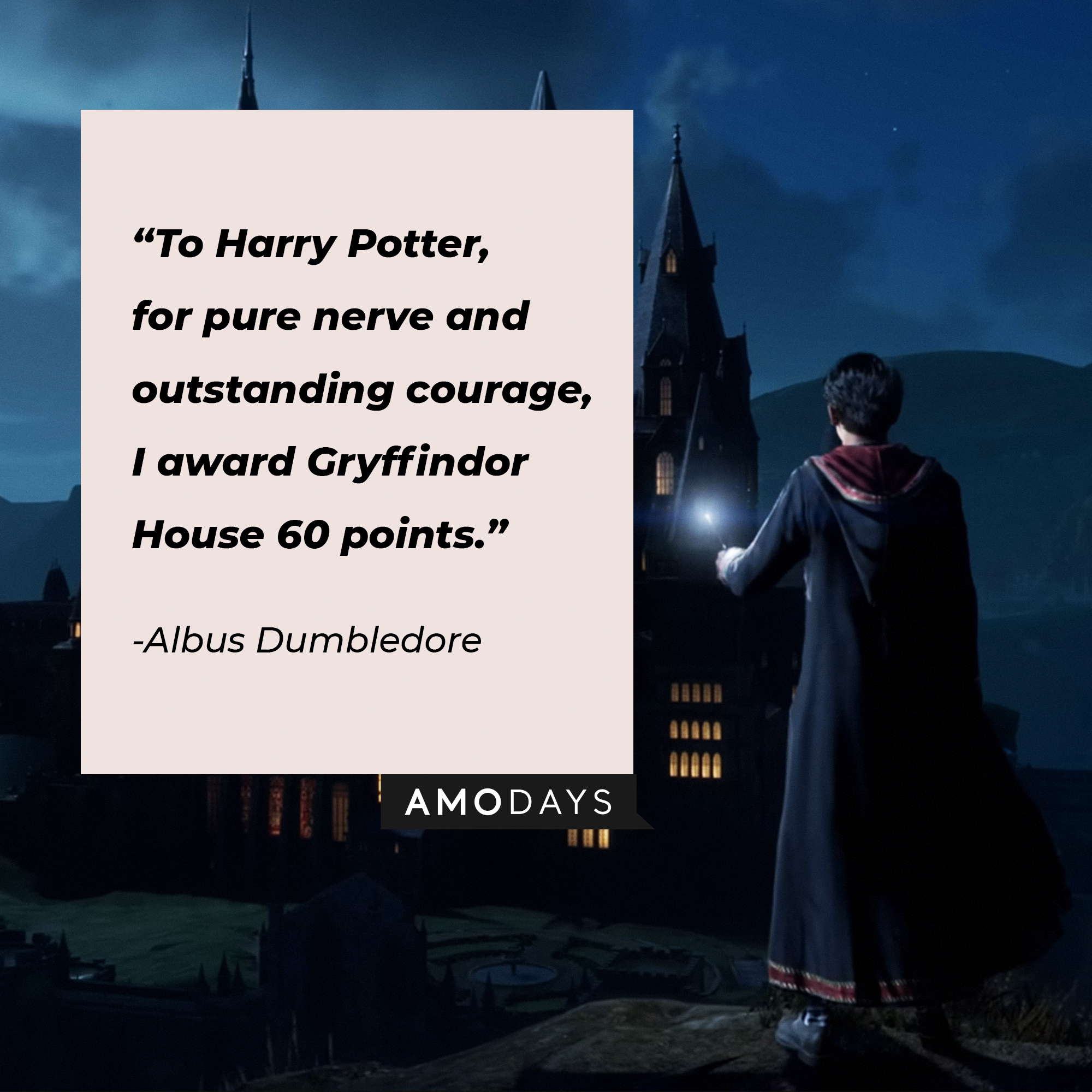 Albus Dumbledore's quote: "To Harry Potter, for pure nerve and outstanding courage, I award Gryffindor House 60 points." | Source: Youtube.com/HogwartsLegacy