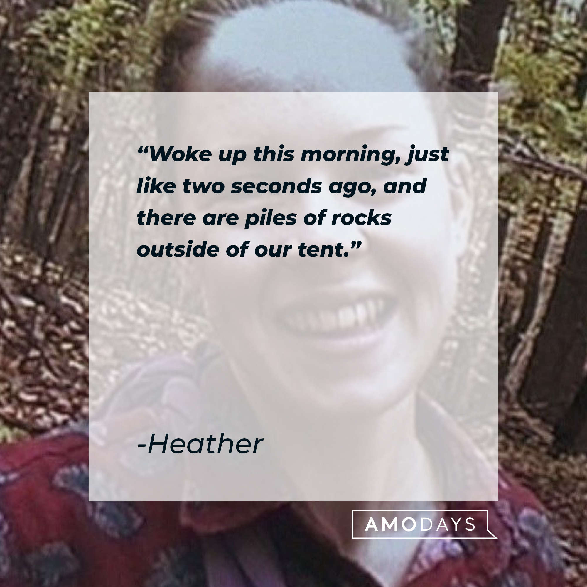 Heather's quote: "Woke up this morning, just like two seconds ago, and there are piles of rocks outside of our tent." | Source: facebook.com/blairwitchmovie