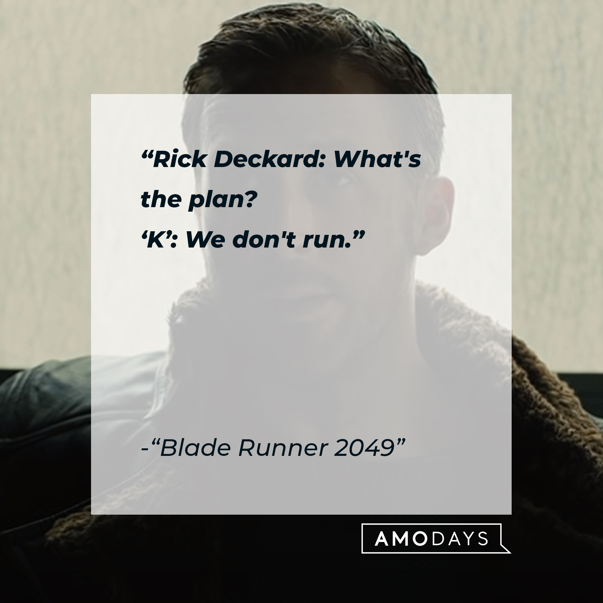 An image of Officer K with the quote: "Rick Deckard: What's the plan? ; 'K': We don't run." | Source: Youtube.com/WarnerBrosPictures