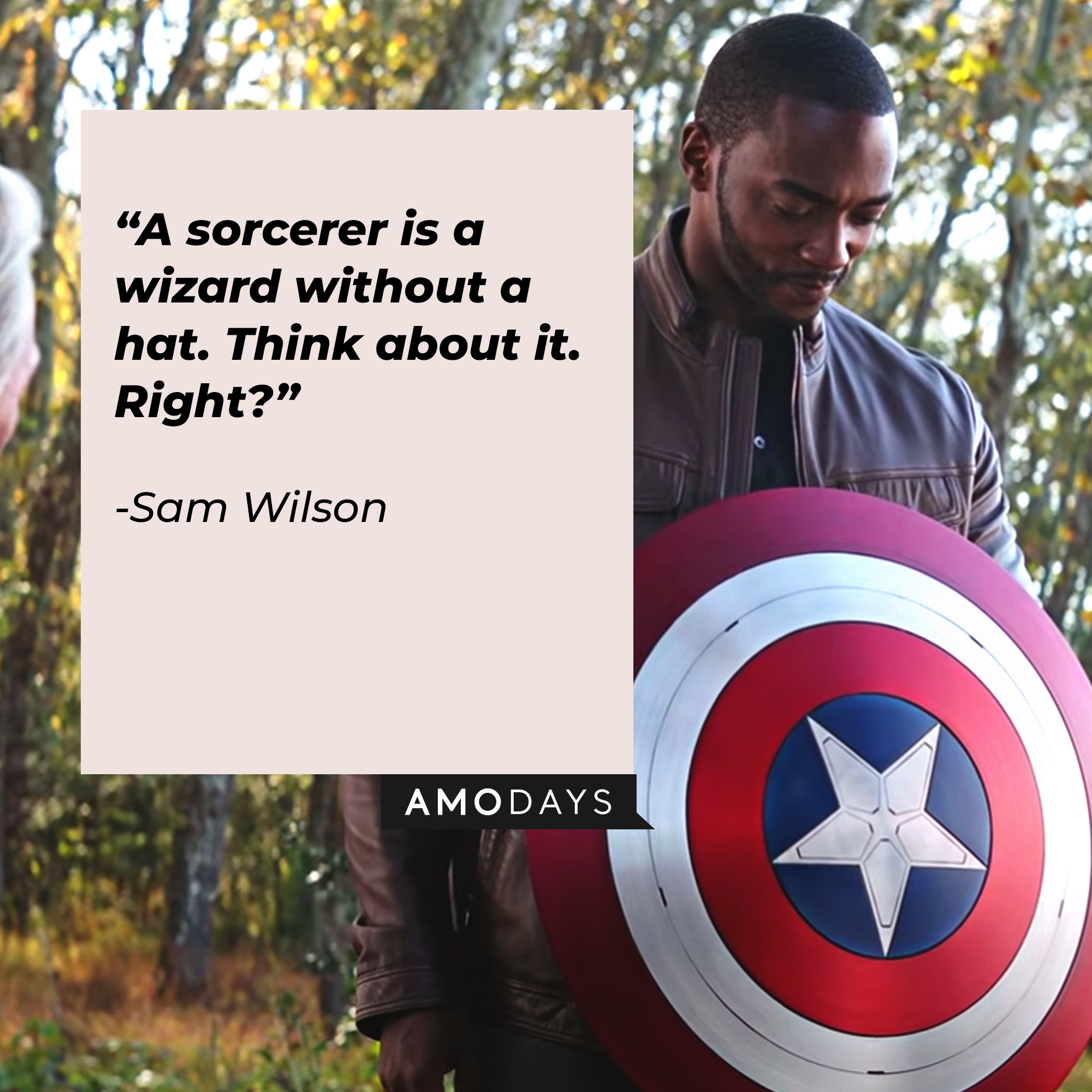 Sam Wilson, with his quote: “A sorcerer is a wizard without a hat. Think about it. Right?” | Source: Youtube.com/marvel