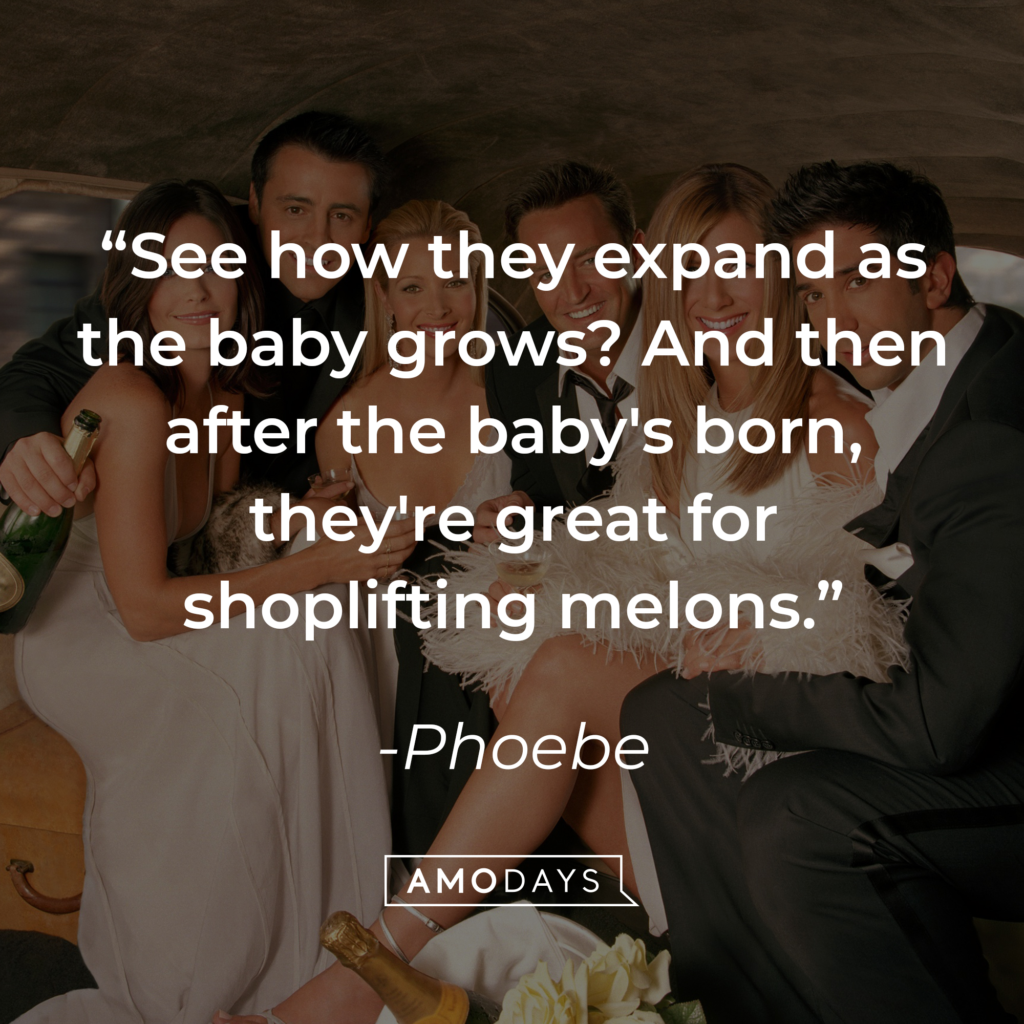 Phoebe's quote: "See how they expand as the baby grows? And then after the baby's born, they're great for shoplifting melons." | Source: Facebook.com/friends.tv