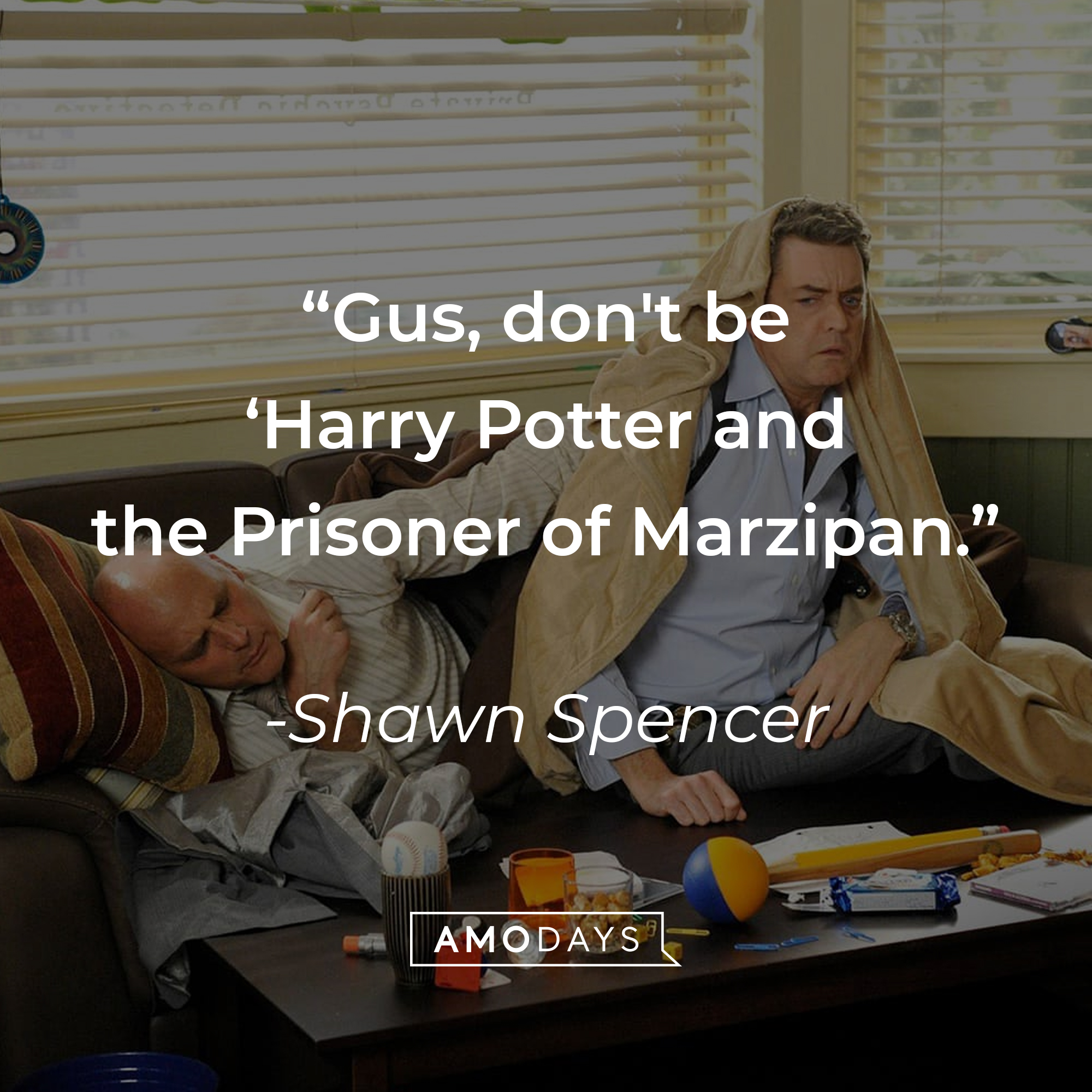 Two characters from" Psyche", with  Shawn Spencer’s quote:“Gus, don't be ‘Harry Potter and the Prisoner of Marzipan.’”  | Source: facebook.com/PsychPeacock