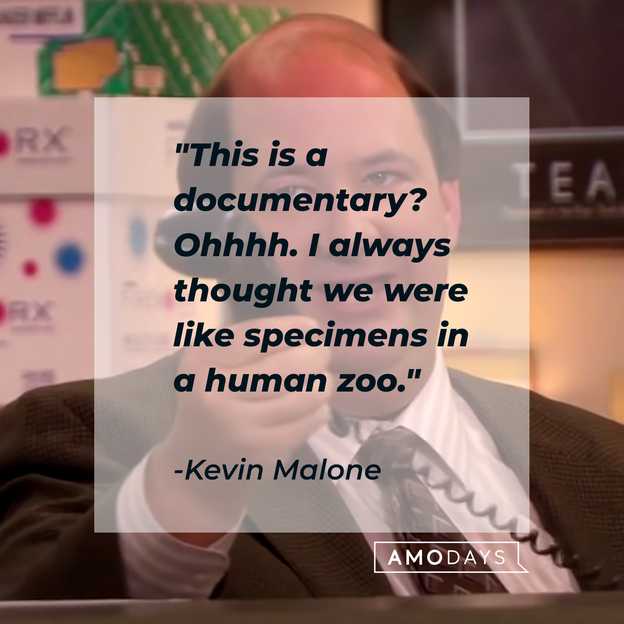 Kevin Malone's quote: "This is a documentary? Ohhhh. I always thought we were like specimens in a human zoo." | Source: youtube.com/TheOffice