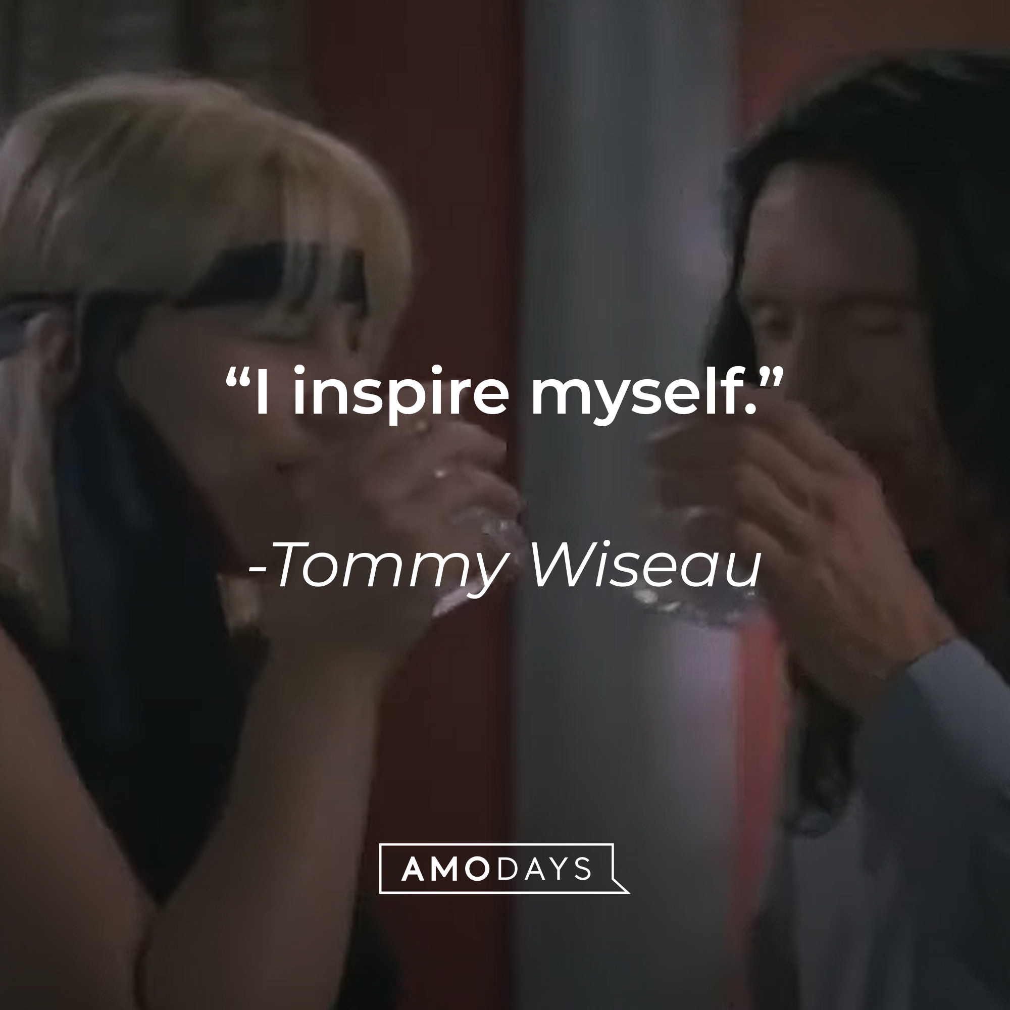 A photo of Tommy Wiseau in "The Room" with Lisa, with the quote, ""I inspire myself." | Source: YouTube/TommyWiseau
