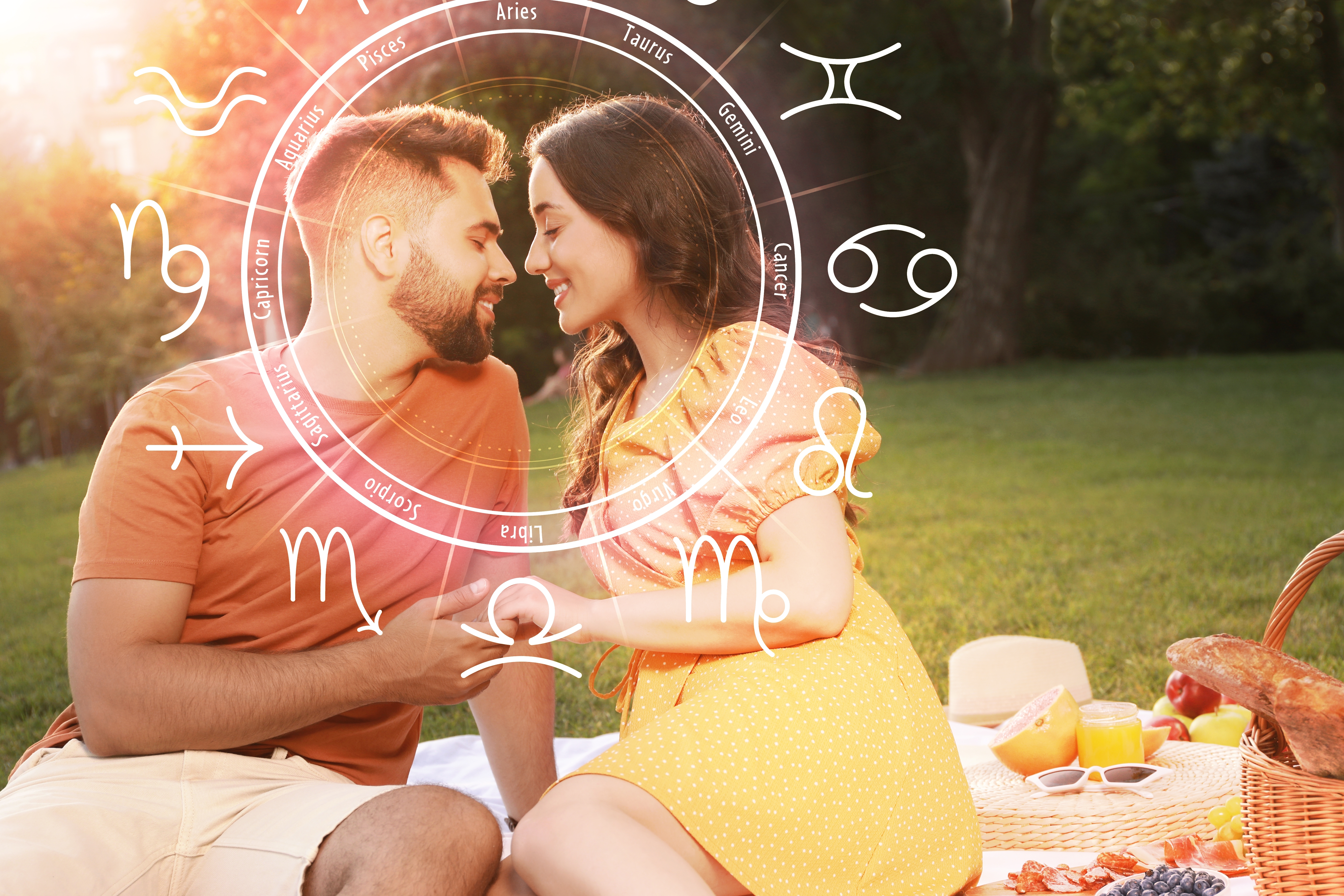 Loving couple outdoors and zodiac wheel | Source: Shutterstock
