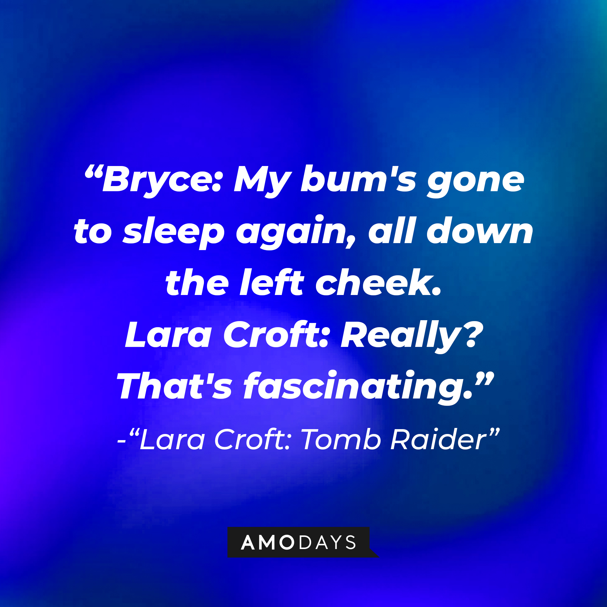Lara Croft's "Lara Croft: Tomb Raider" quote: "Bryce: My bum's gone to sleep again, all down the left cheek. / Lara Croft: Really? That's fascinating." | Source: AmoDays