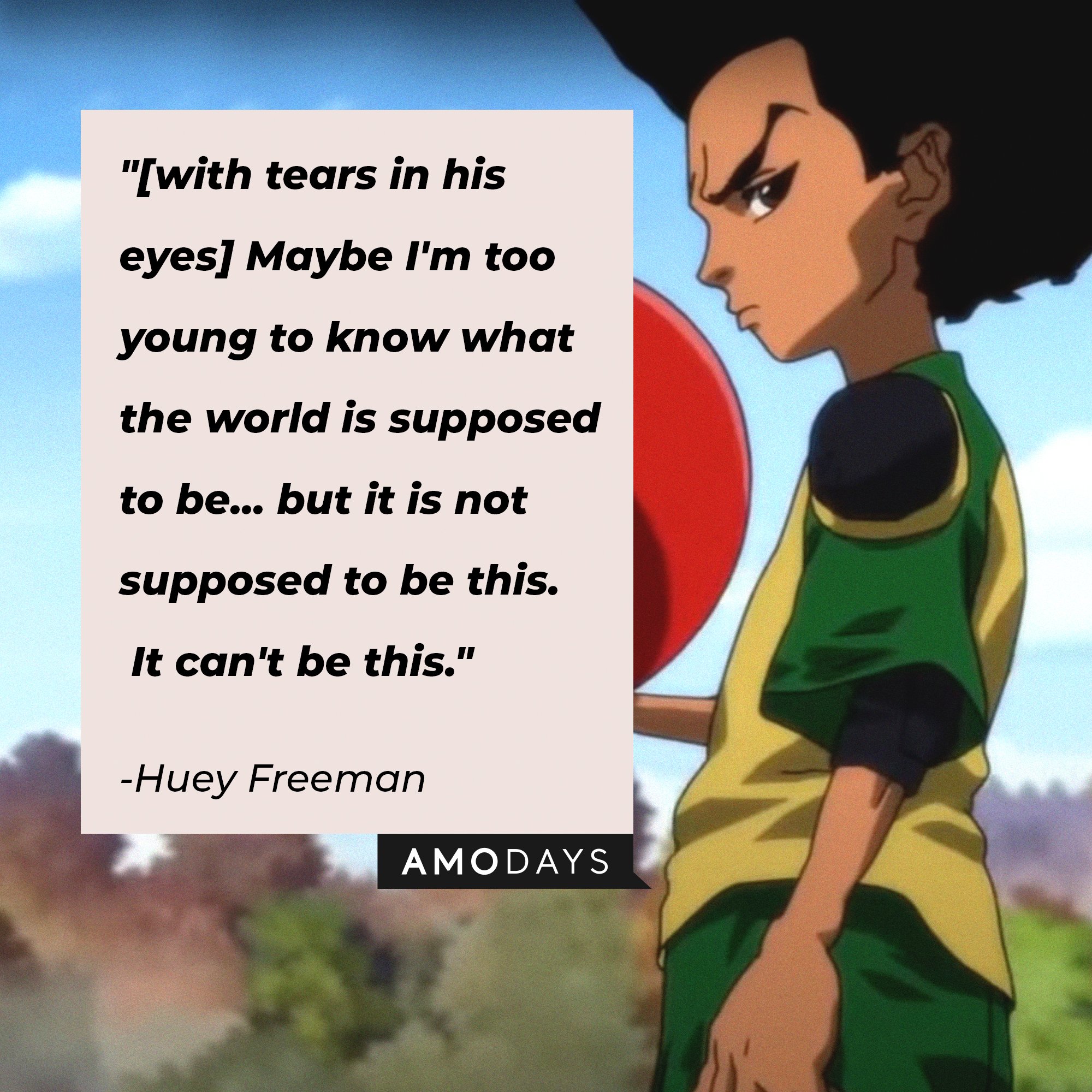 Huey Freeman's quote:  "[with tears in his eyes] Maybe I'm too young to know what the world is supposed to be... but it is not supposed to be this. It can't be this." | Image: AmoDays