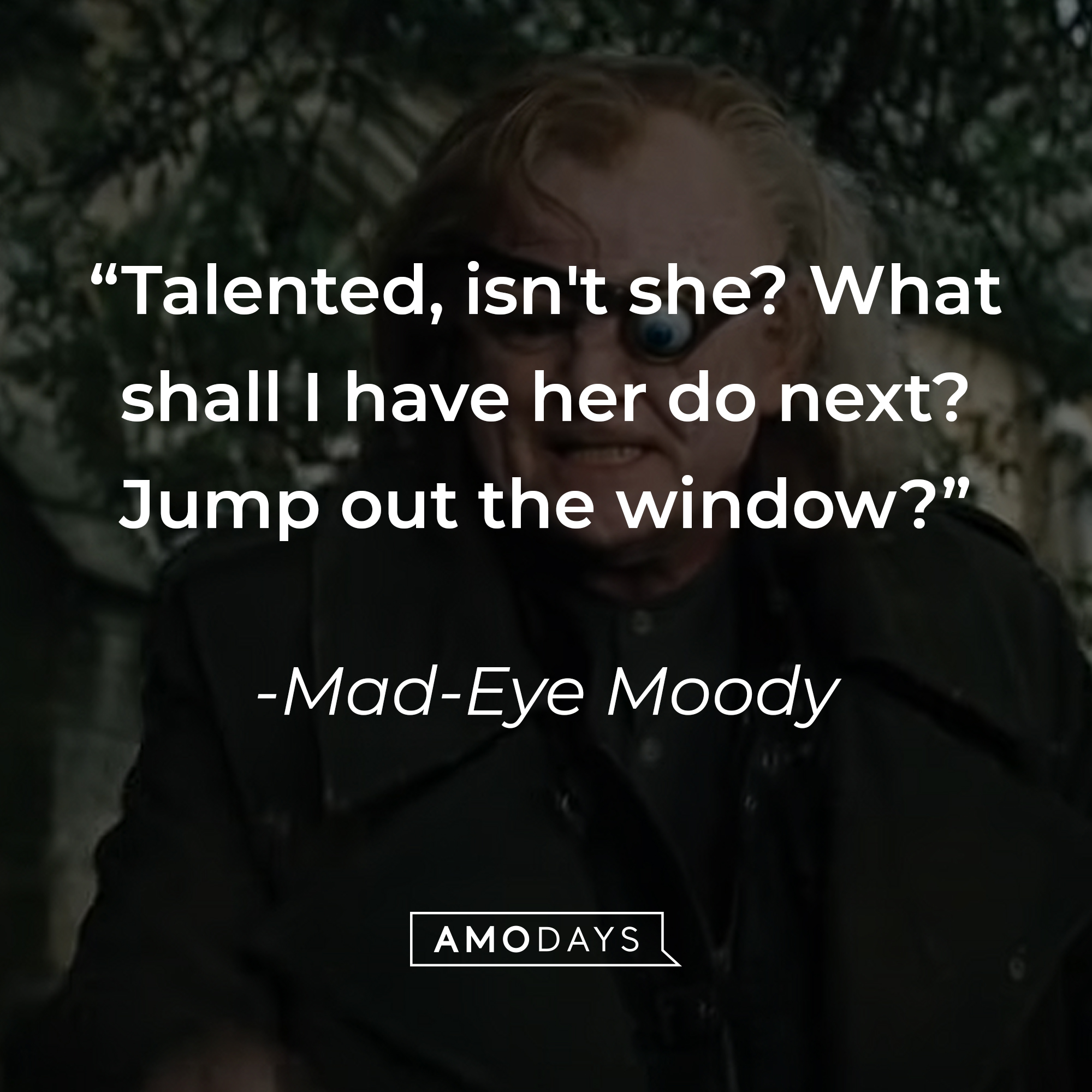 Mad-Eye Moody's quote: "Talented, isn't she? What shall I have her do next? Jump out the window?" | Source: youtube.com/harrypotter