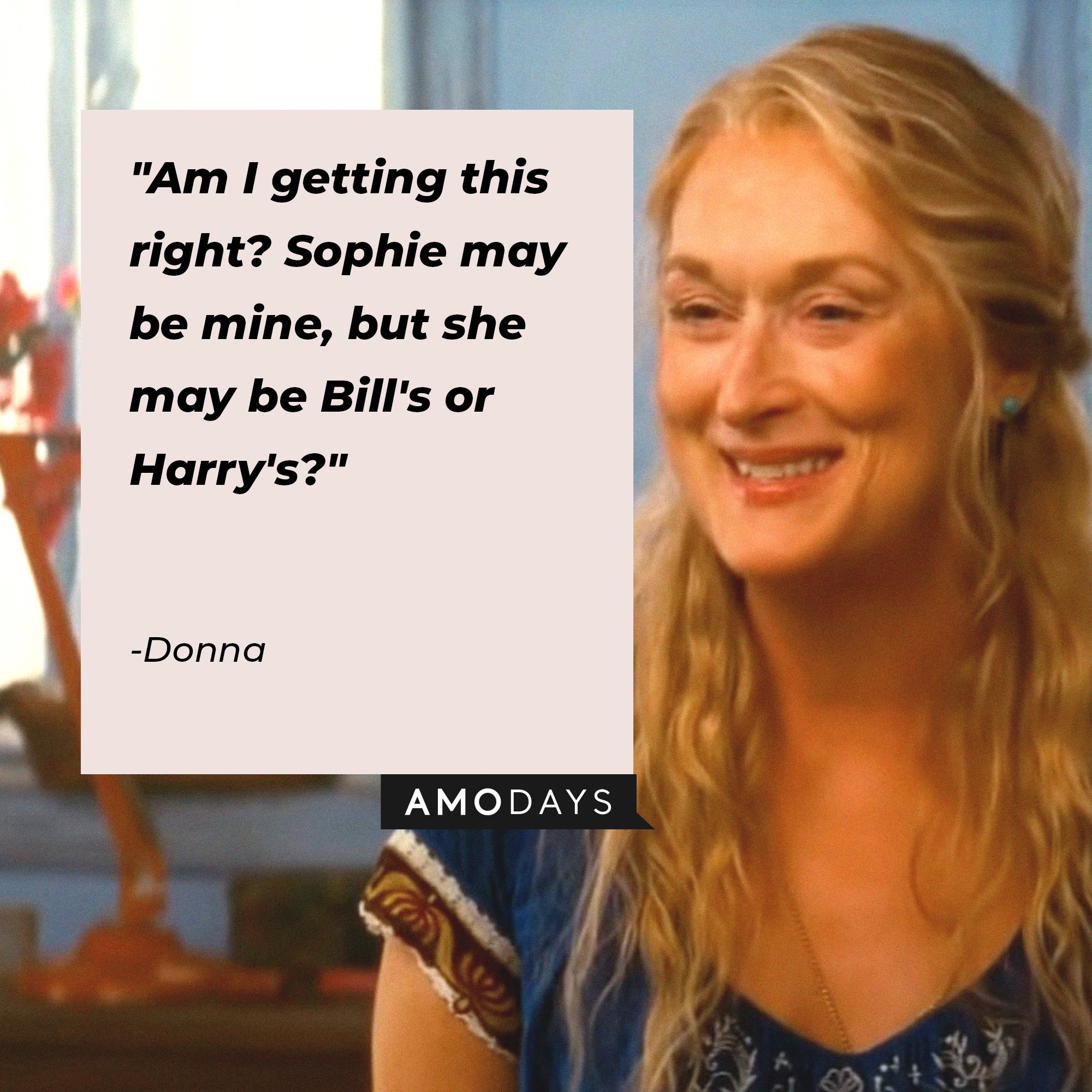 Donna's quote: "Am I getting this right? Sophie may be mine, but she may be Bill's or Harry's?" | Image: AmoDays