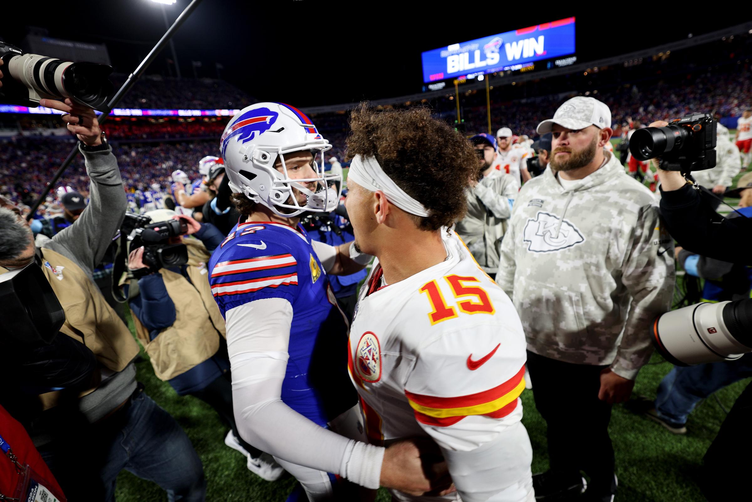 Josh Allen #17 of the Buffalo Bills greets Patrick Mahomes #15 of the Kansas City Chiefs after defeating the Kansas City Chiefs 30-21 at Highmark Stadium on November 17, 2024, in Orchard Park, New York | Source: Getty Images