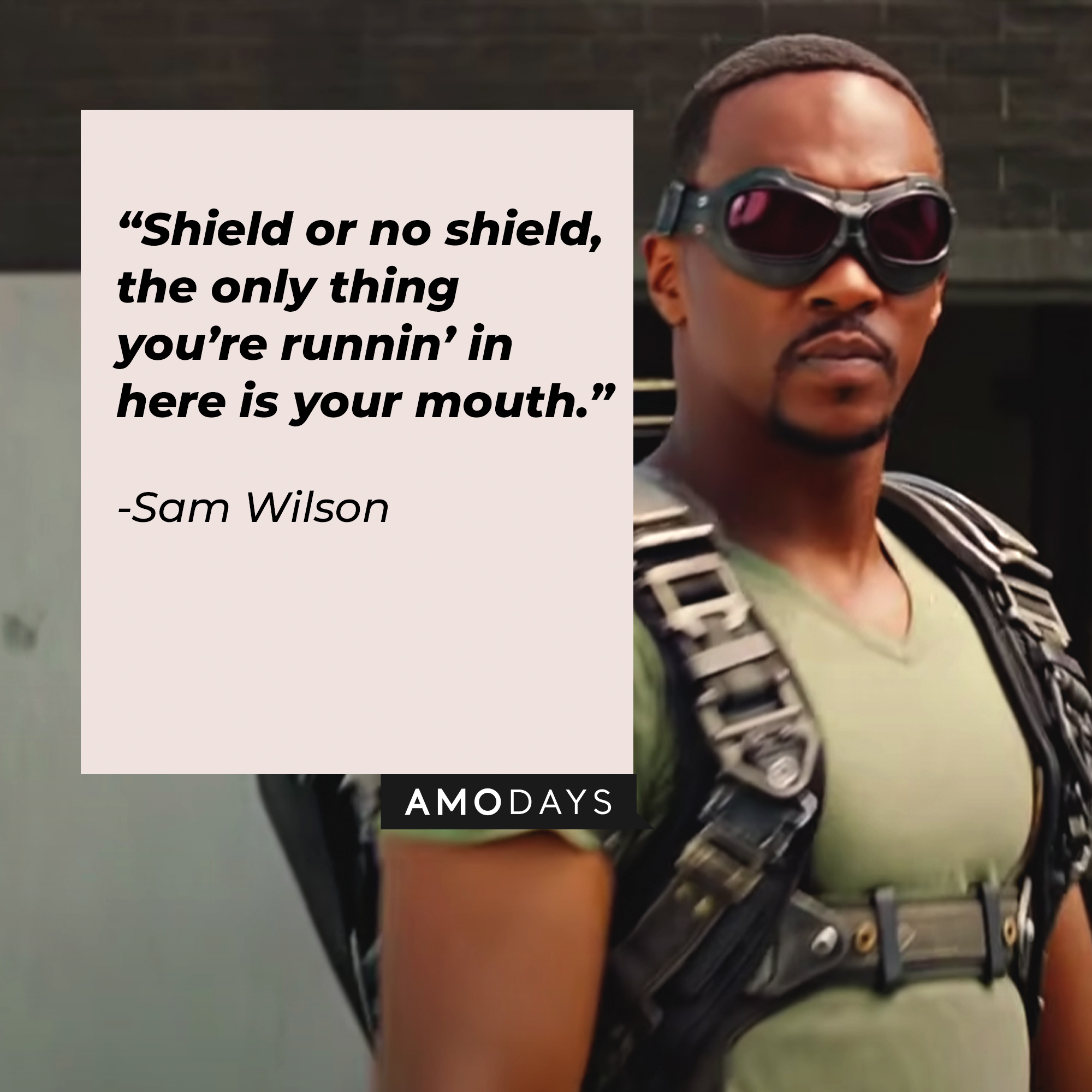 Sam Wilson, with his quote: “Shield or no shield, the only thing you’re runnin’ in here is your mouth.” | Source: Youtube.com/marvel