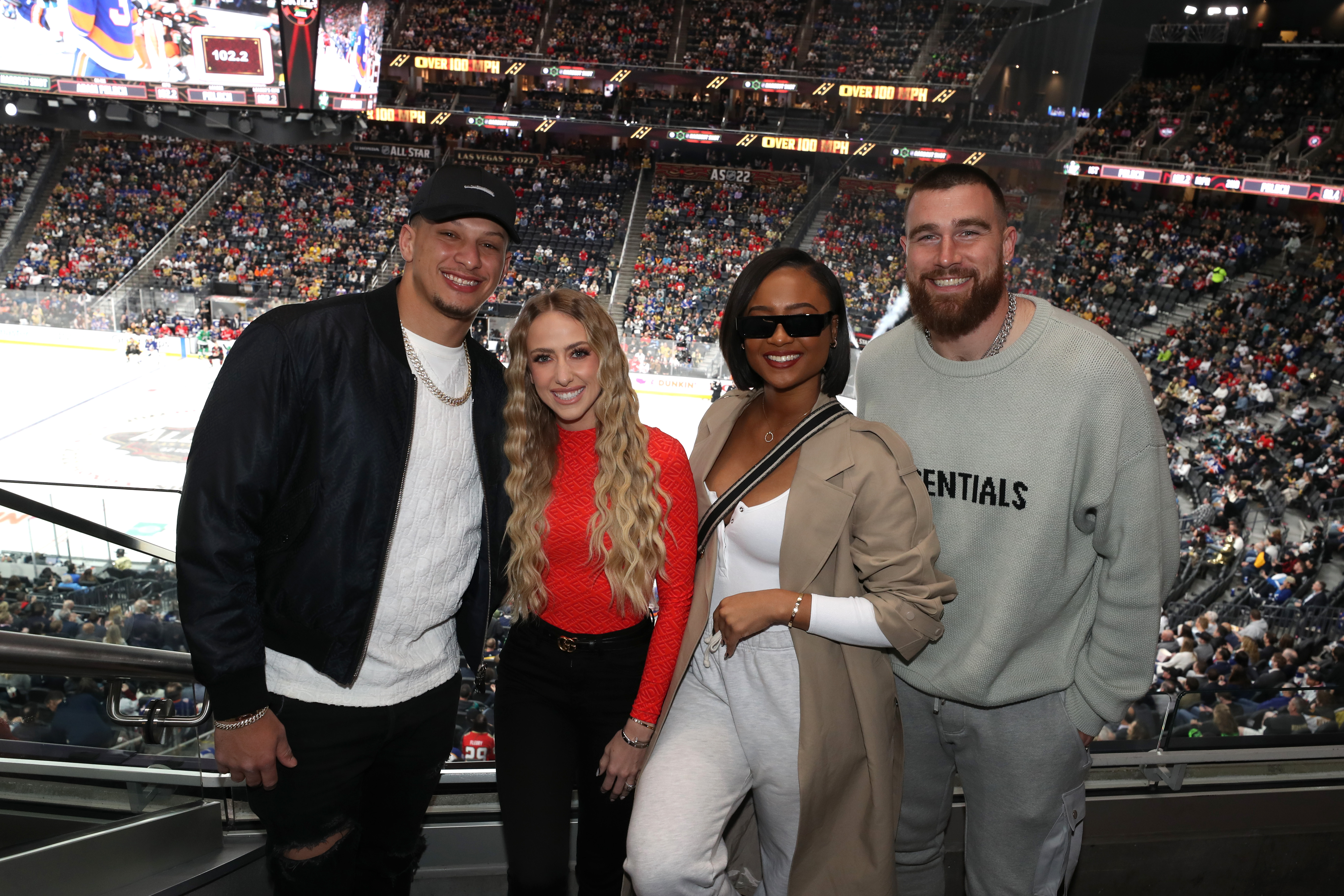 (L-R) Patrick Mahomes of the Kansas City Chiefs, Brittany Mahomes, Kayla Nicole, and Travis Kelce of the Kansas City Chiefs attend the 2022 NHL All-Star Skills as part of the 2022 NHL All-Star Weekend on February 4, 2022, in Las Vegas, Nevada | Source: Getty Images