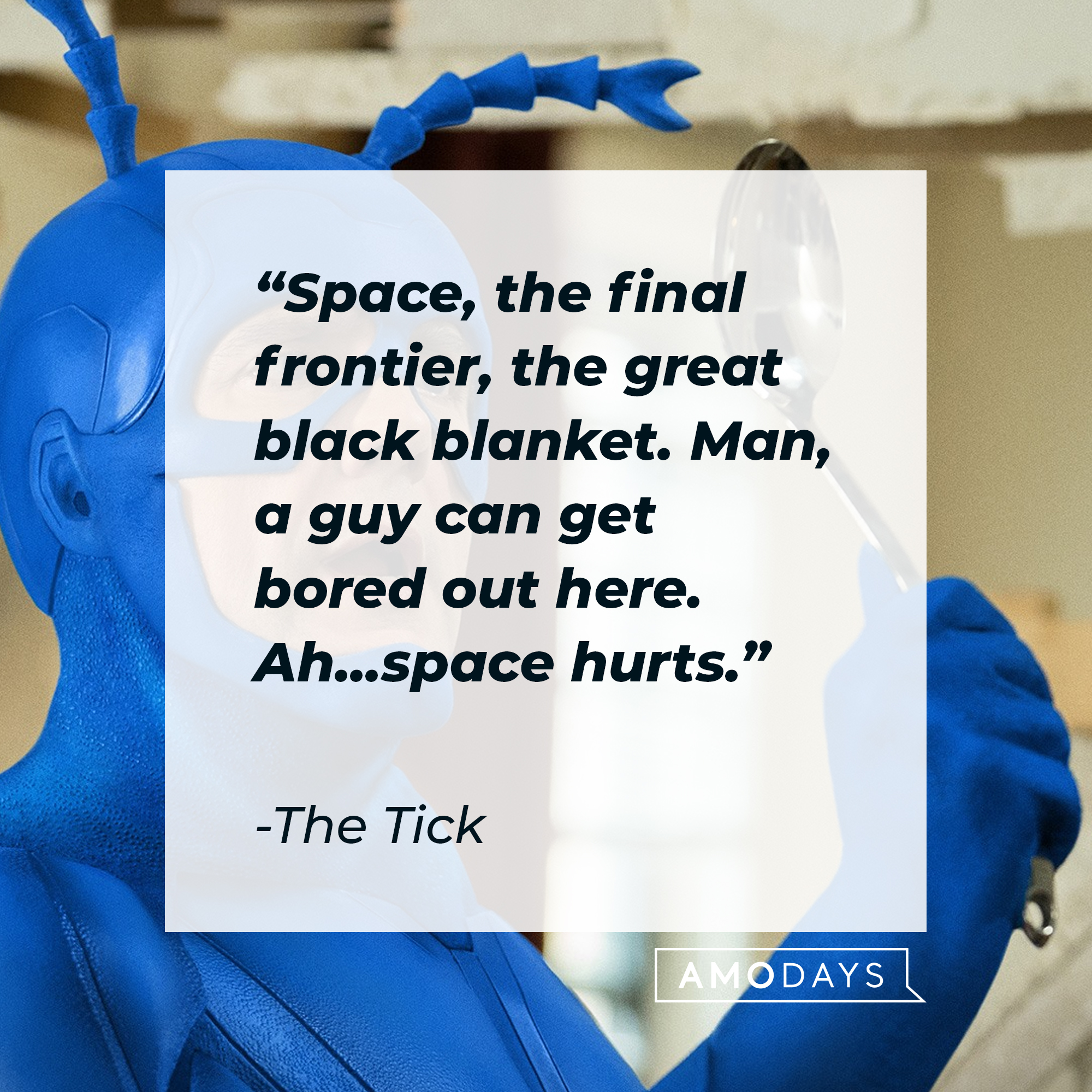 The Tick's quote: "Space, the final frontier, the great black blanket. Man, a guy can get bored out here. Ah...space hurts." | Source: Facebook.com/TheTick