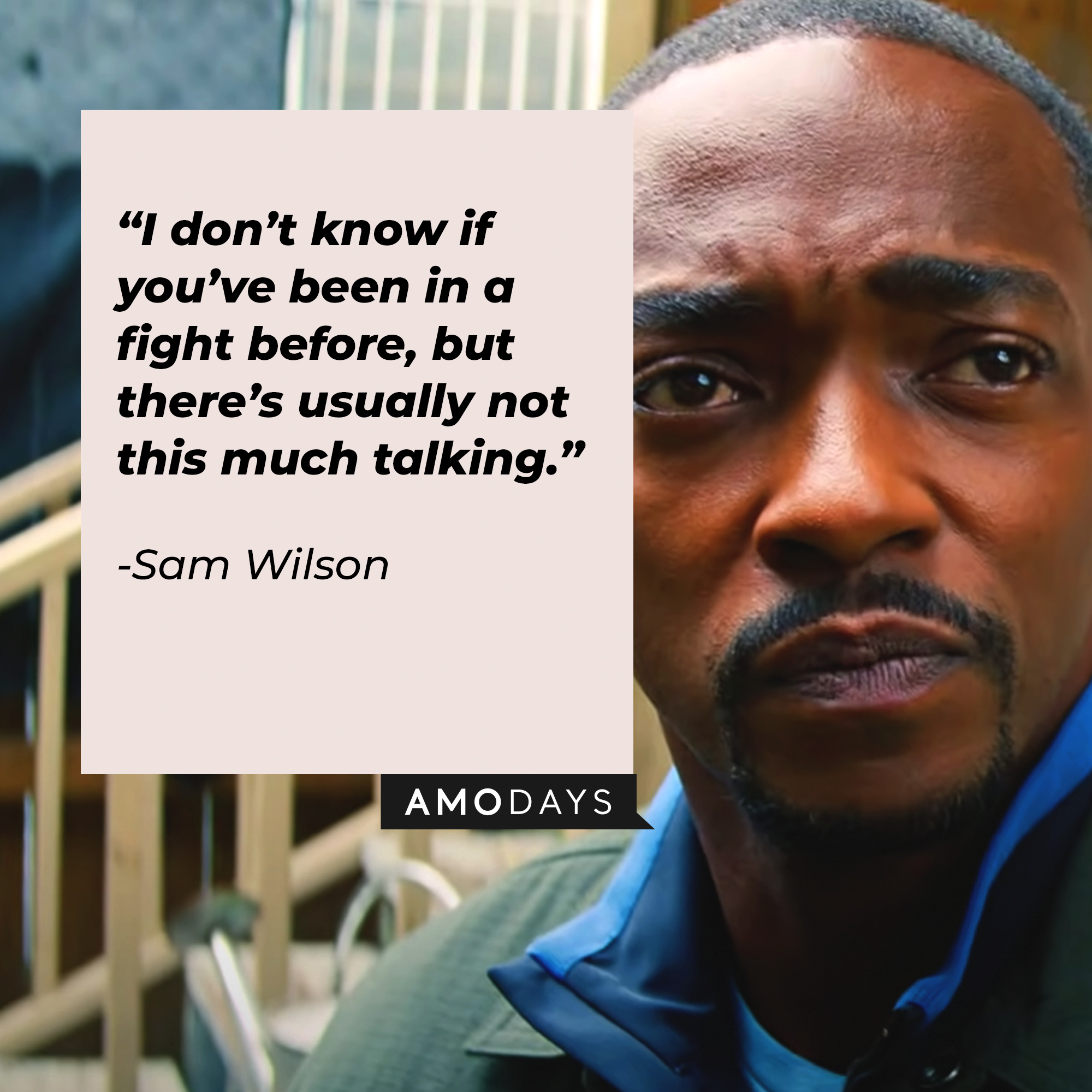 Sam Wilson, with his quote: "I don’t know if you’ve been in a fight before but there’s usually not this much talking." | Source: Youtube.com/marvel