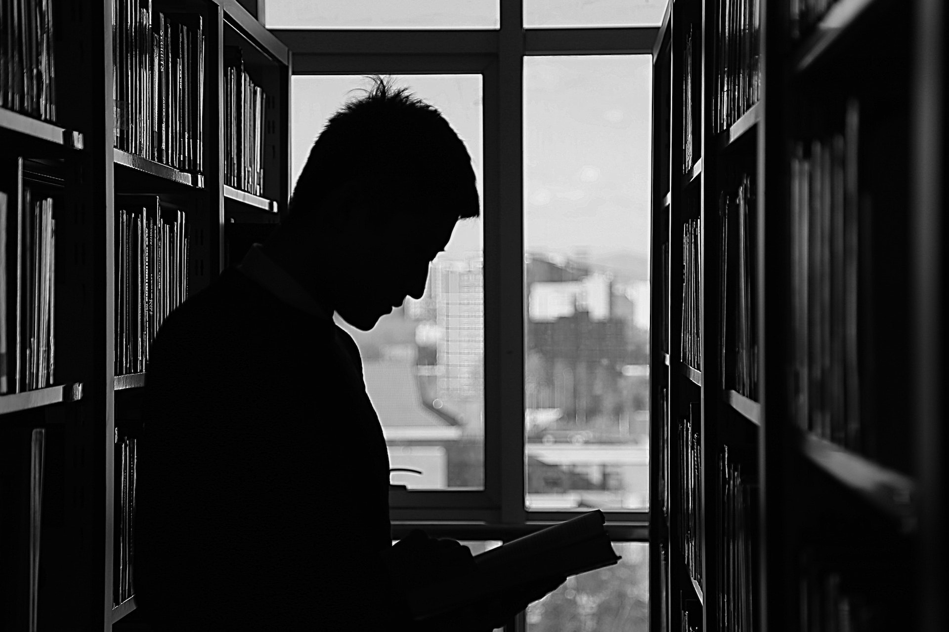 Silueta de un hombre leyendo un libro en una biblioteca | Fuente: Pexels