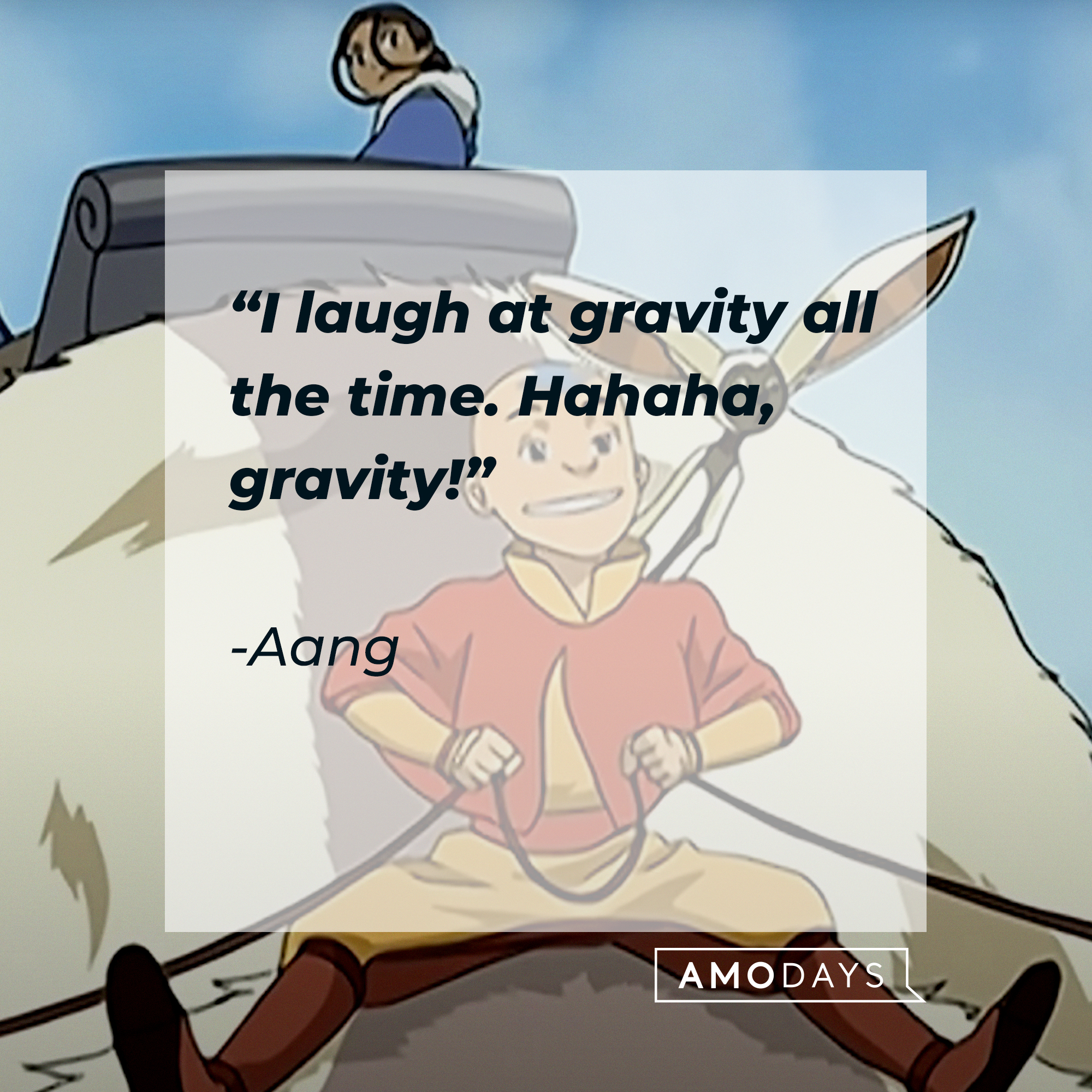 Katara and Aang, with his quote: "I laugh at gravity all the time. Hahaha, gravity!" | Source: Youtube.com/TeamAvatar