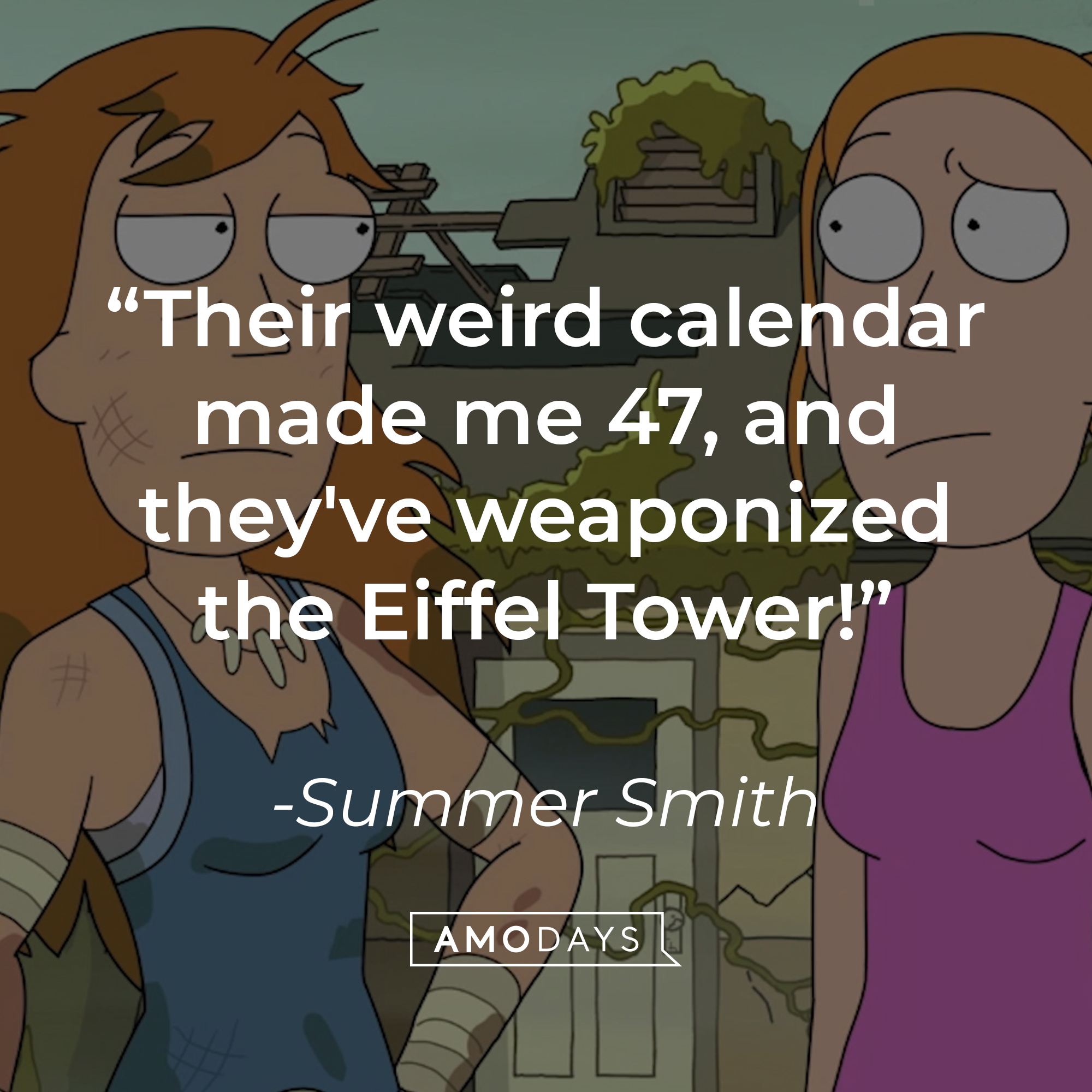 An image of two Summer Smith’s, with her quote: "Their weird calendar made me 47, and they've weaponized the Eiffel Tower!" | Source: Facebook.com/RickandMorty