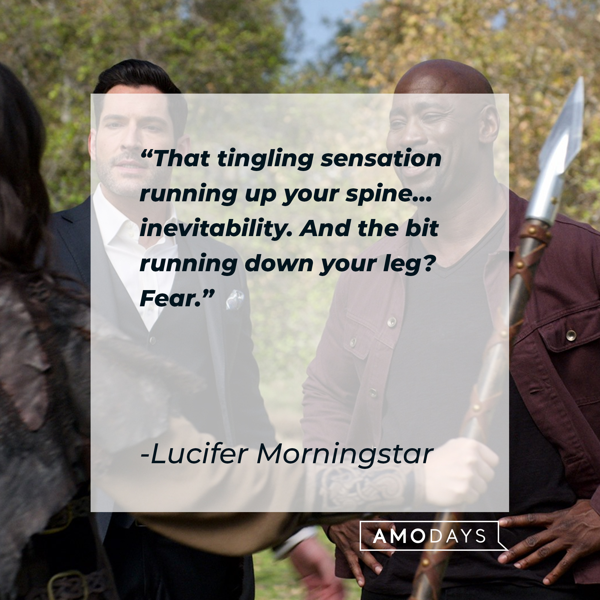 Lucifer Morningstar’s quote: "That tingling sensation running up your spine… inevitability. And the bit running down your leg? Fear." | Source: Facebook.com/LuciferNetflix