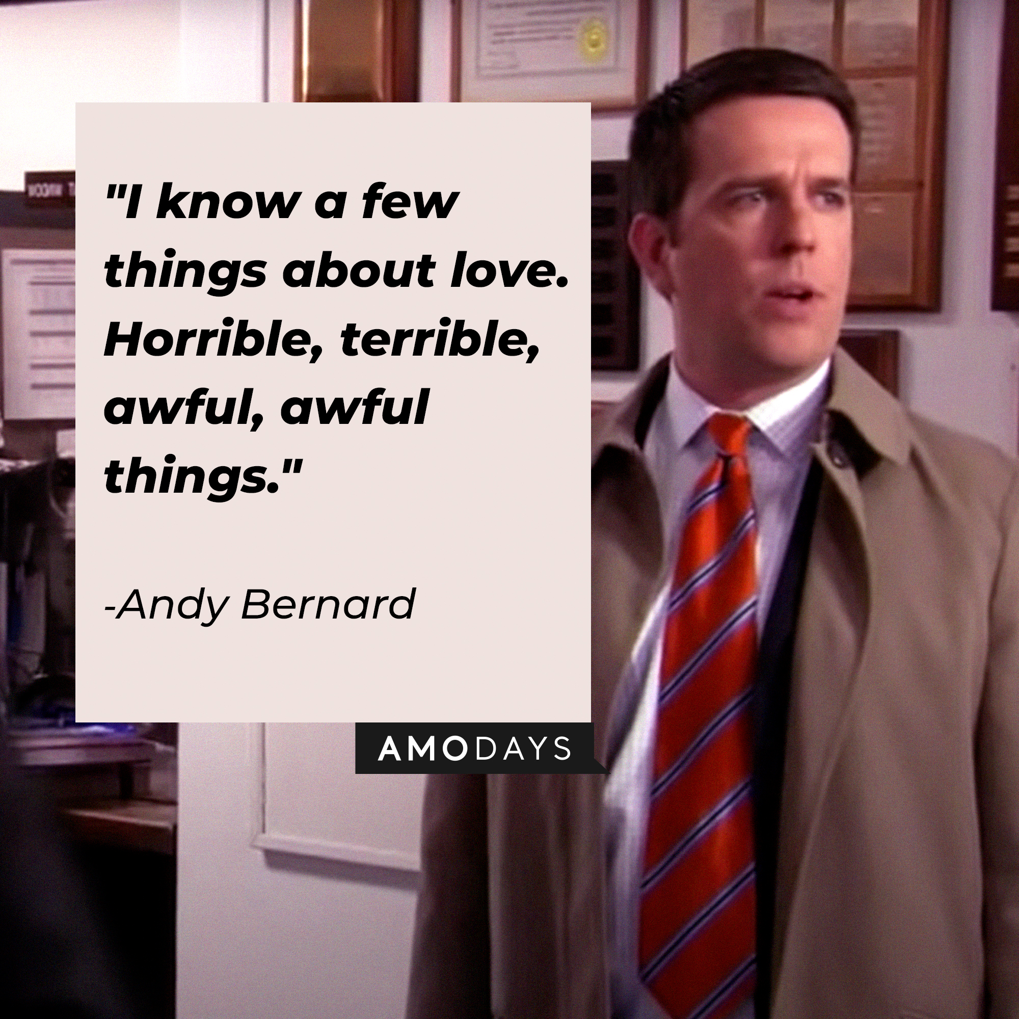 Andy Bernard, with his quote: “I know a few things about love. Horrible, terrible, awful, awful things.”│ Source: youtube.com/TheOffice