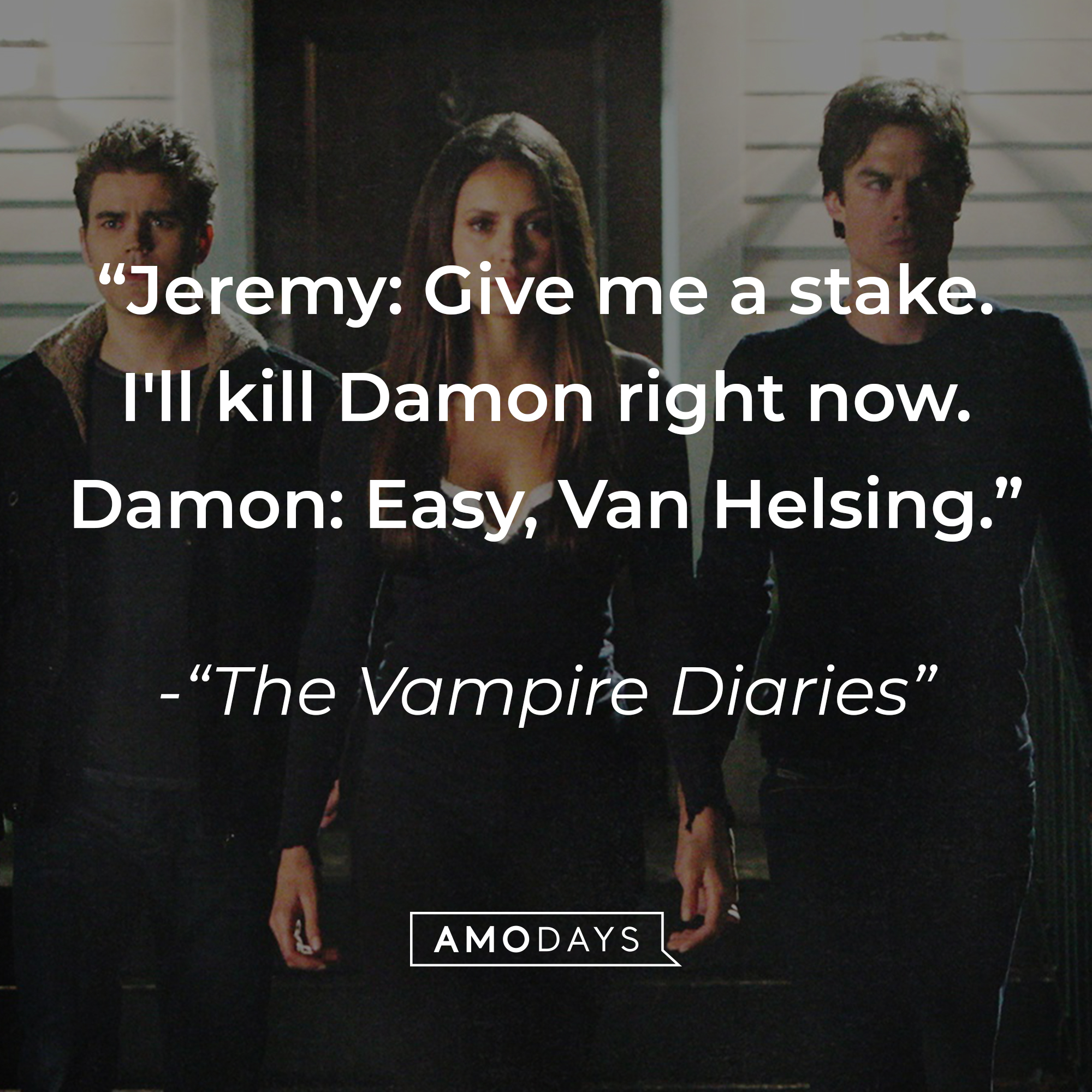 A photo of Damon Salvatore with the quote, "Jeremy: Give me a stake. I'll kill Damon right now. Damon: Easy, Van Helsing." | Source: Facebook/vampirediaries