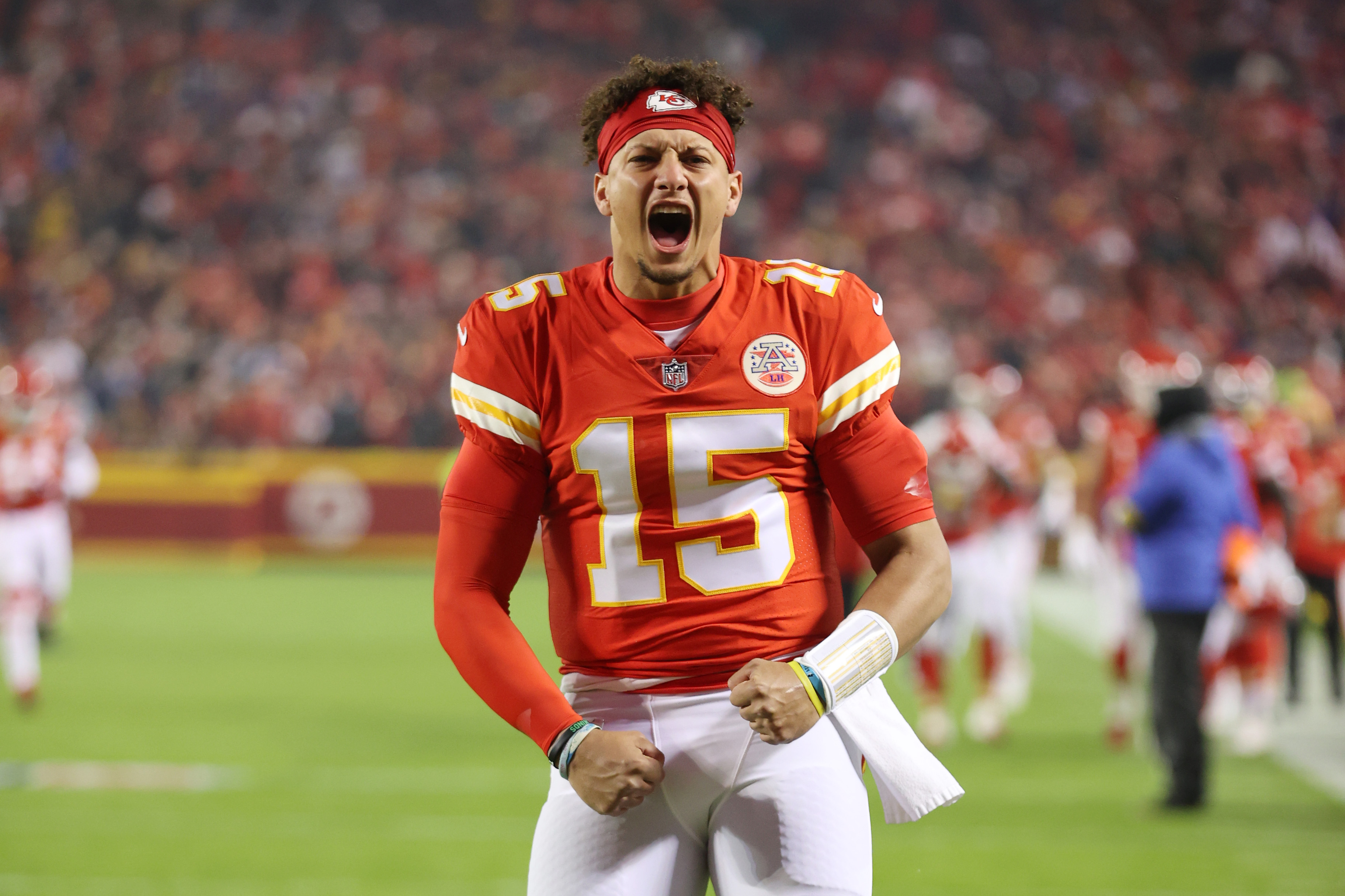 Patrick Mahomes #15 of the Kansas City Chiefs reacts before the start of the first half against the New York Giants at Arrowhead Stadium on November 01, 2021, in Kansas City, Missouri | Source: Getty Images