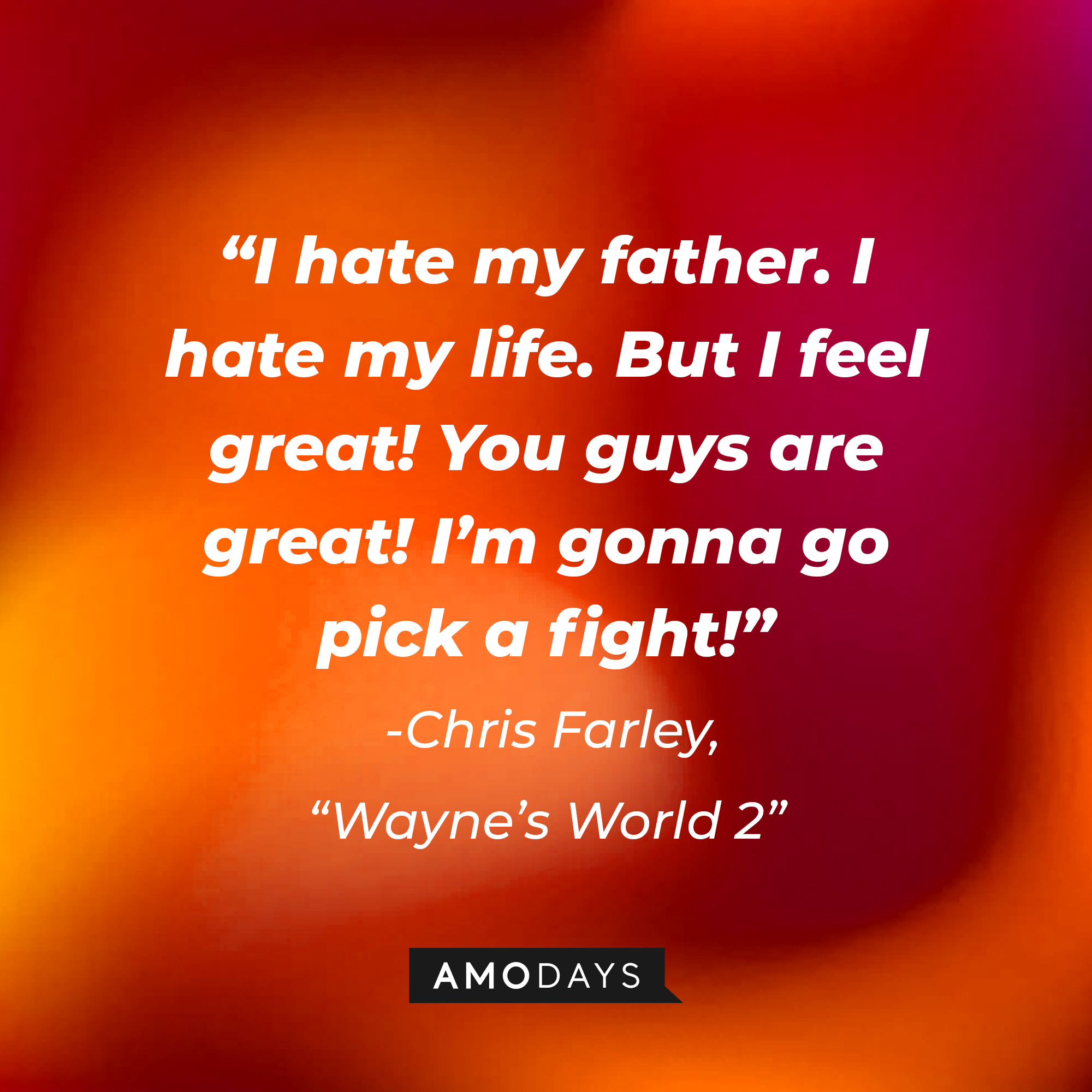 Chris Farley's "Wayne's World 2" quote: “I hate my father. I hate my life. But I feel great! You guys are great! I’m gonna go pick a fight!” | Source: Amodays