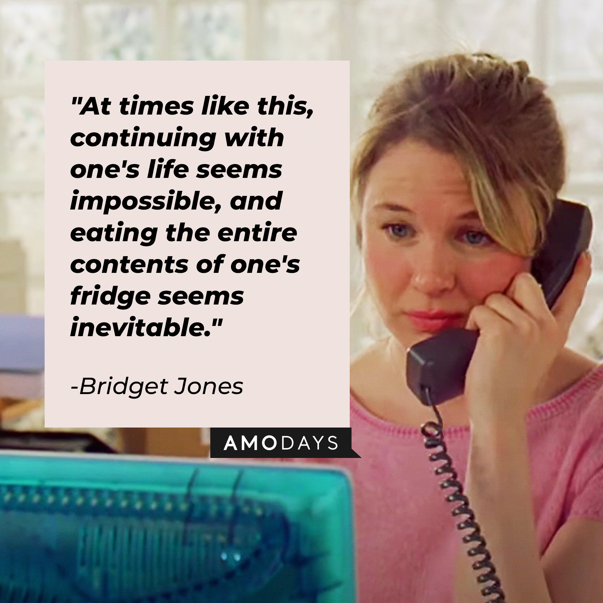 Bridget Jones with her quote in "Bridget Jones's Diary:" "At times like this, continuing with one's life seems impossible, and eating the entire contents of one's fridge seems inevitable." | Source: Facebook/BridgetJonessDiary
