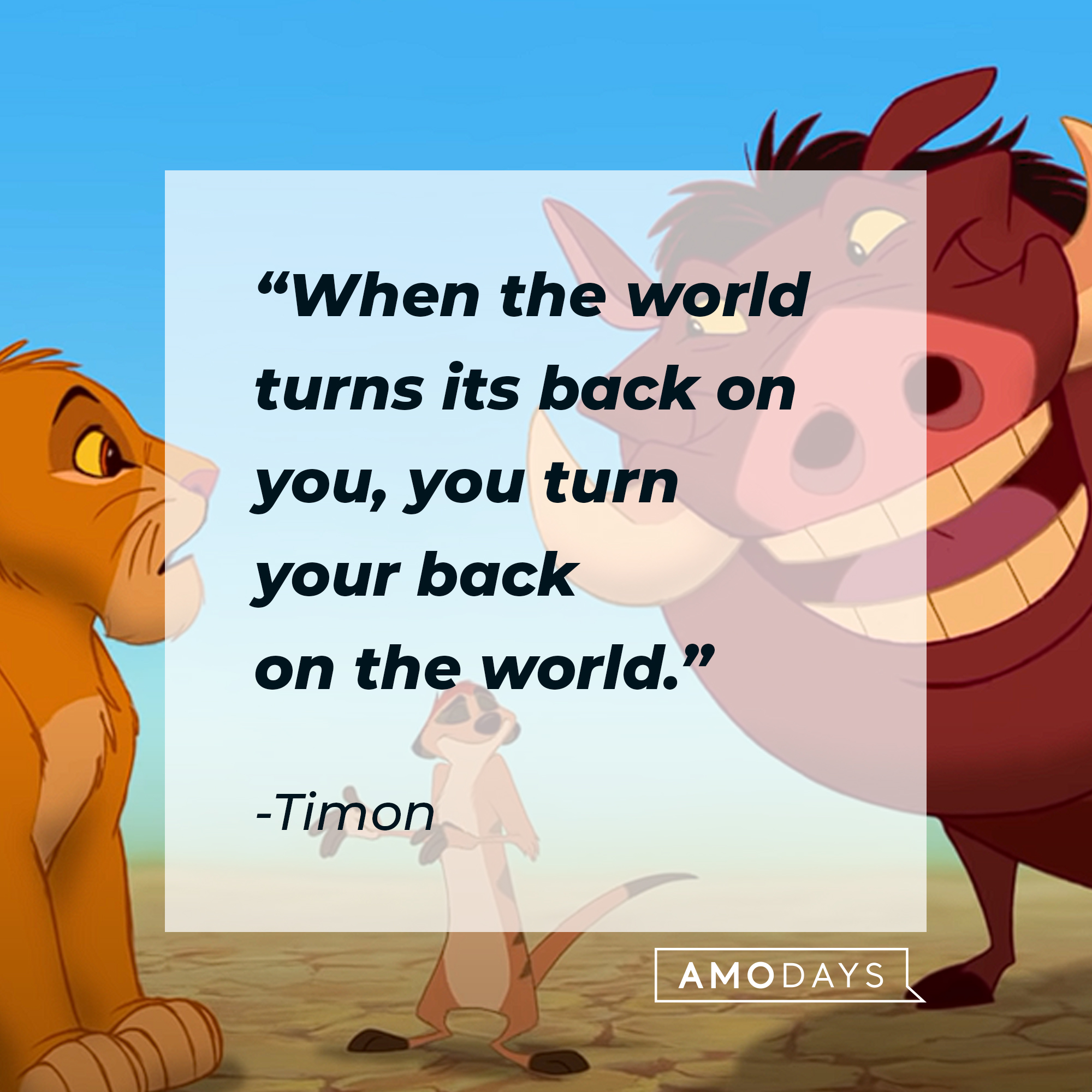 Simba, Pumba, and Timon, with Timon’s quote: “When the world turns its back on you, you turn your back on the world.” | Source: youtube.com/disneyfr