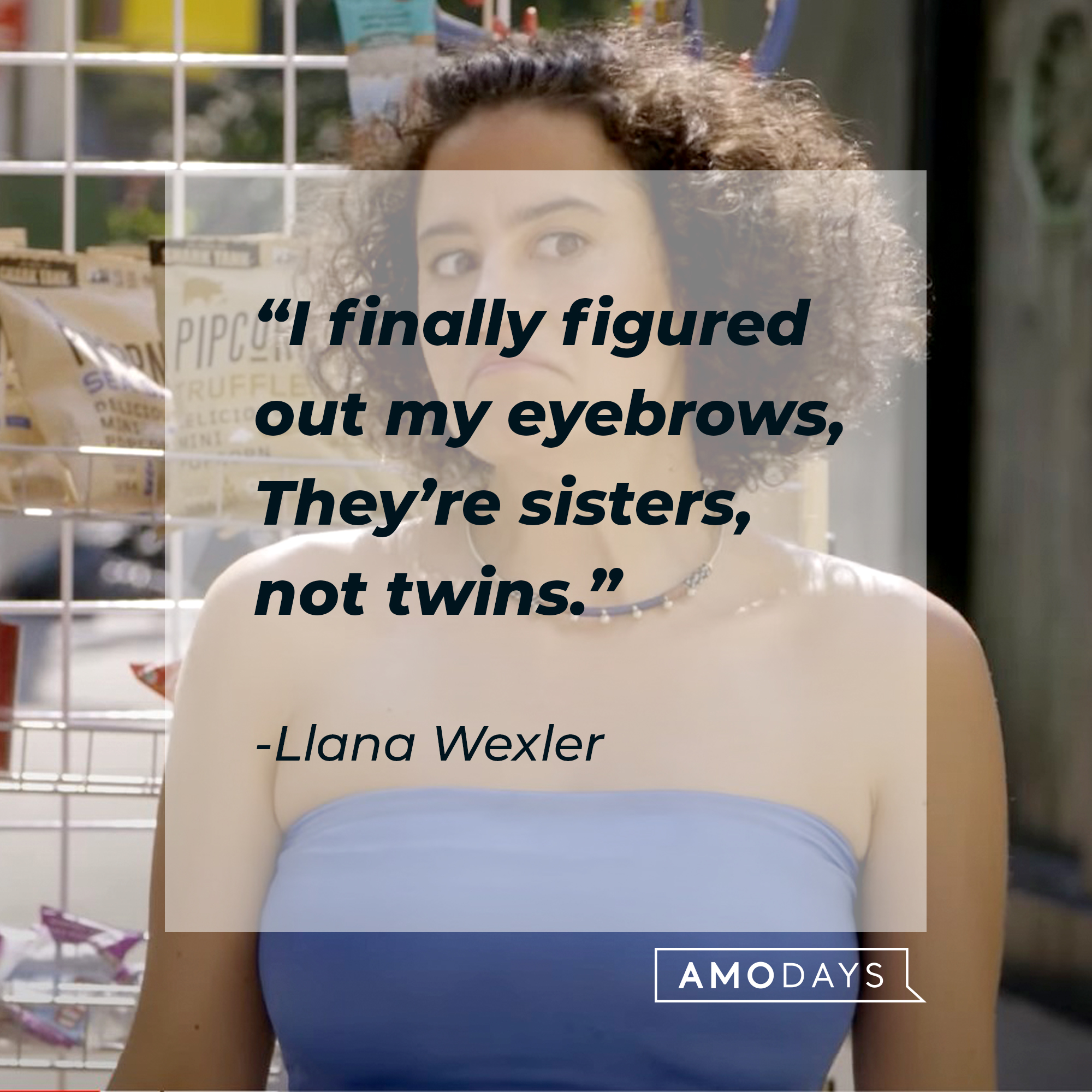 An image of Llana Wexler with her quote: "I finally figured out my eyebrows, They’re sisters, not twins.” | Source: youtube.com/ComedyCentral