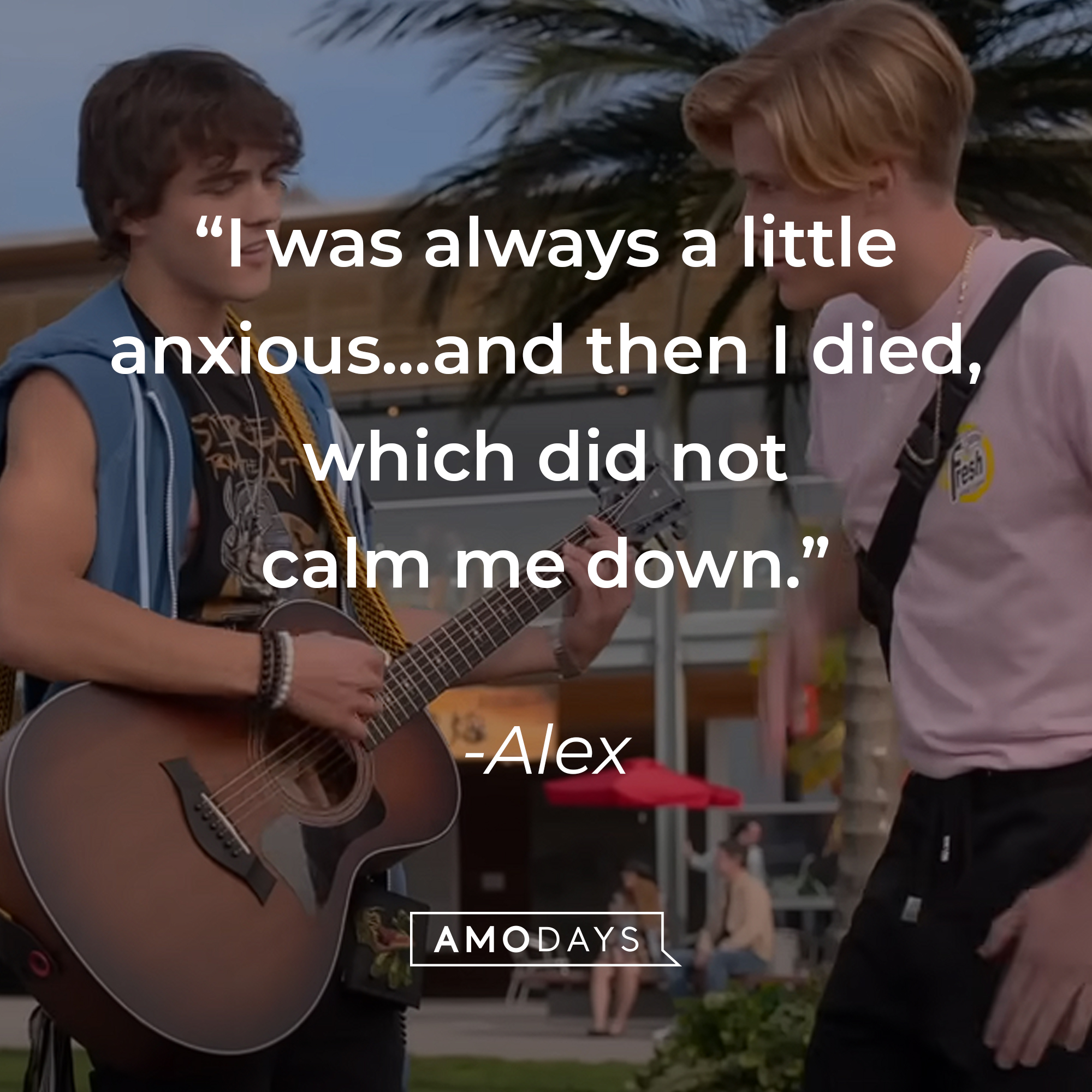 An image of the “Julia and the Phantoms” band members with Alex’s quote "I was always a little anxious...and then I died, which did not calm me down." | Source: youtube.com/netflixafterschool