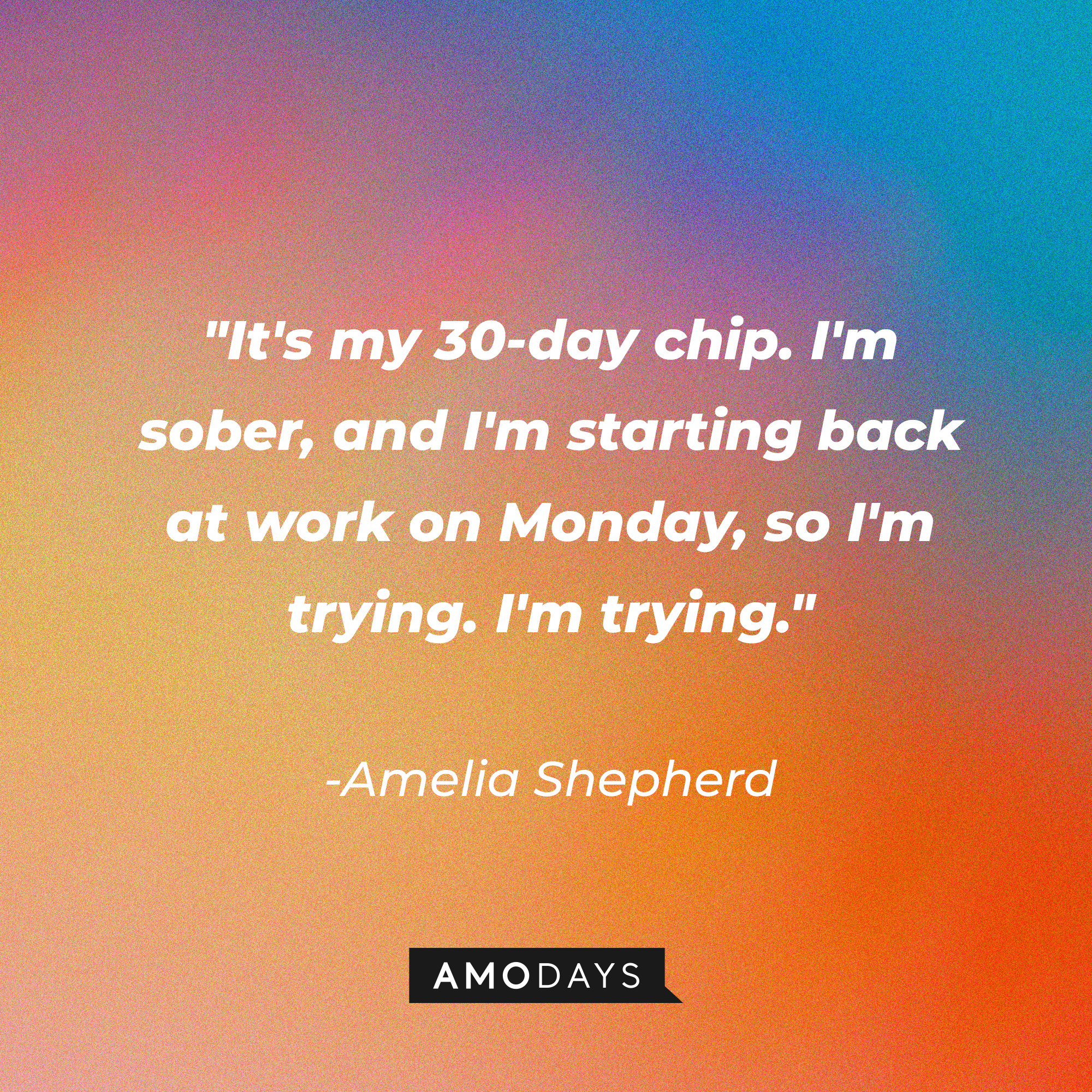 Amelia Shepherd's quote: "It's my 30-day chip. I'm sober, and I'm starting back at work on Monday, so I'm trying. I'm trying." | Source: AmoDays