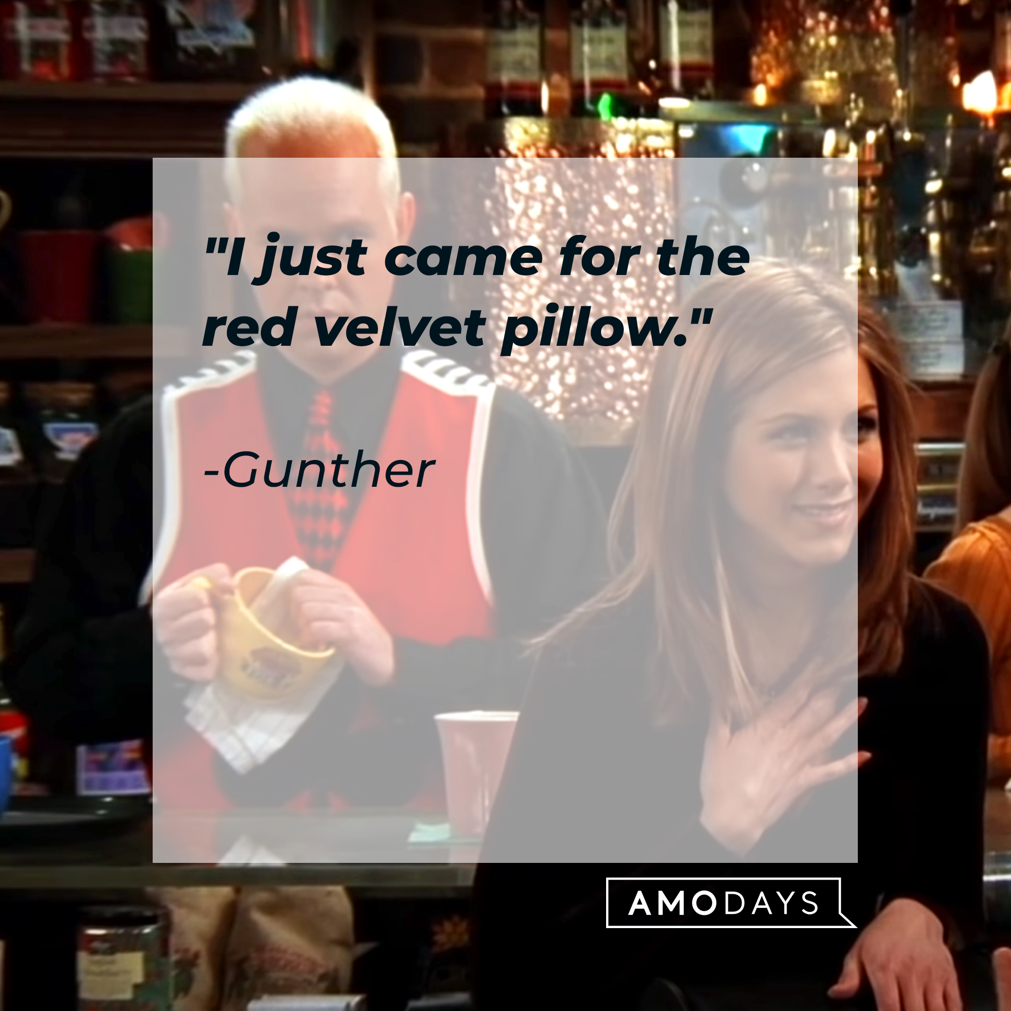 An image of Gunther and Rachel, with his quote: “I just came for the red velvet pillow.” | Source: Youtube.com/Friends