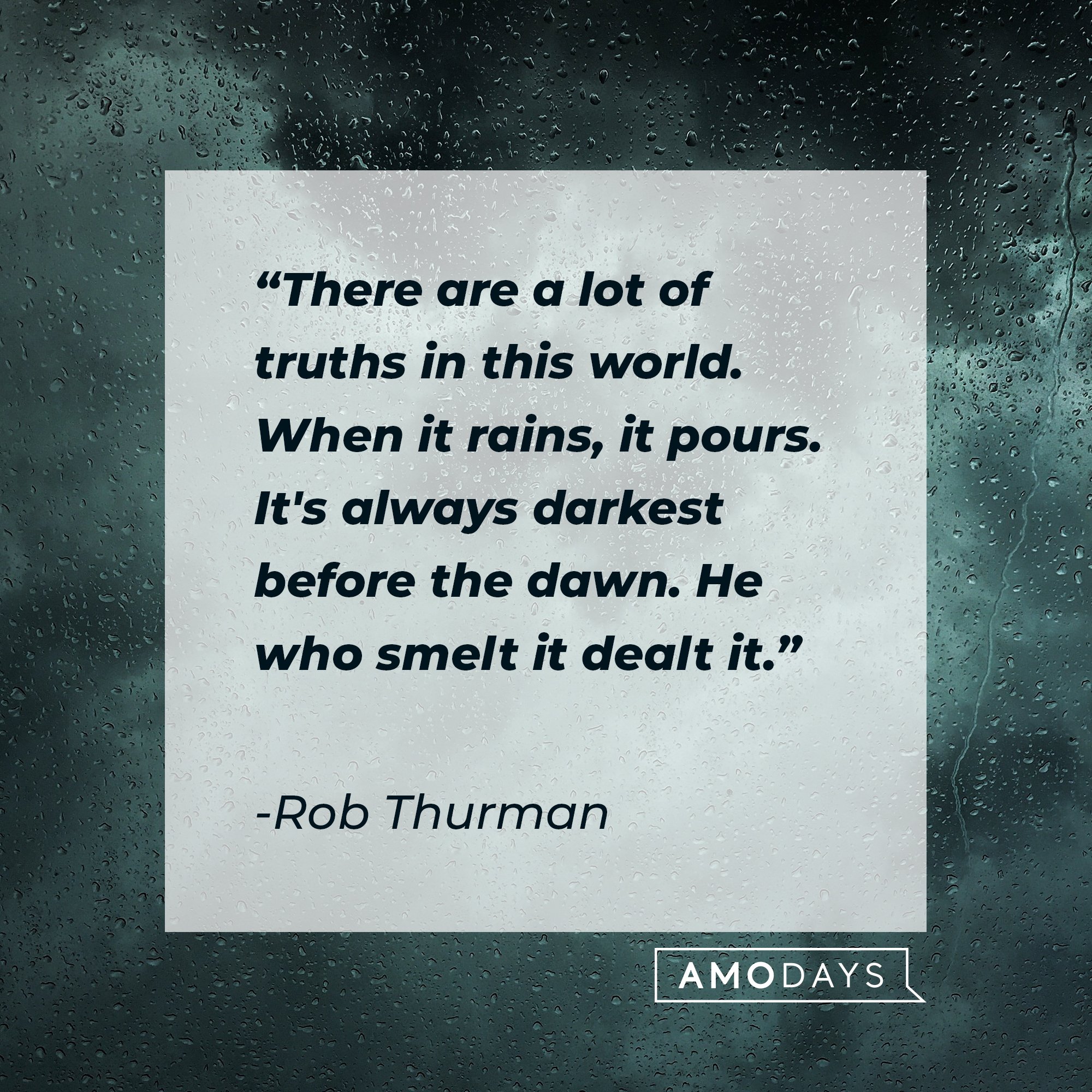 Rob Thurman’s quote: "There are a lot of truths in this world. When it rains, it pours. It's always darkest before the dawn. He who smelt it dealt it." | Image: AmoDays