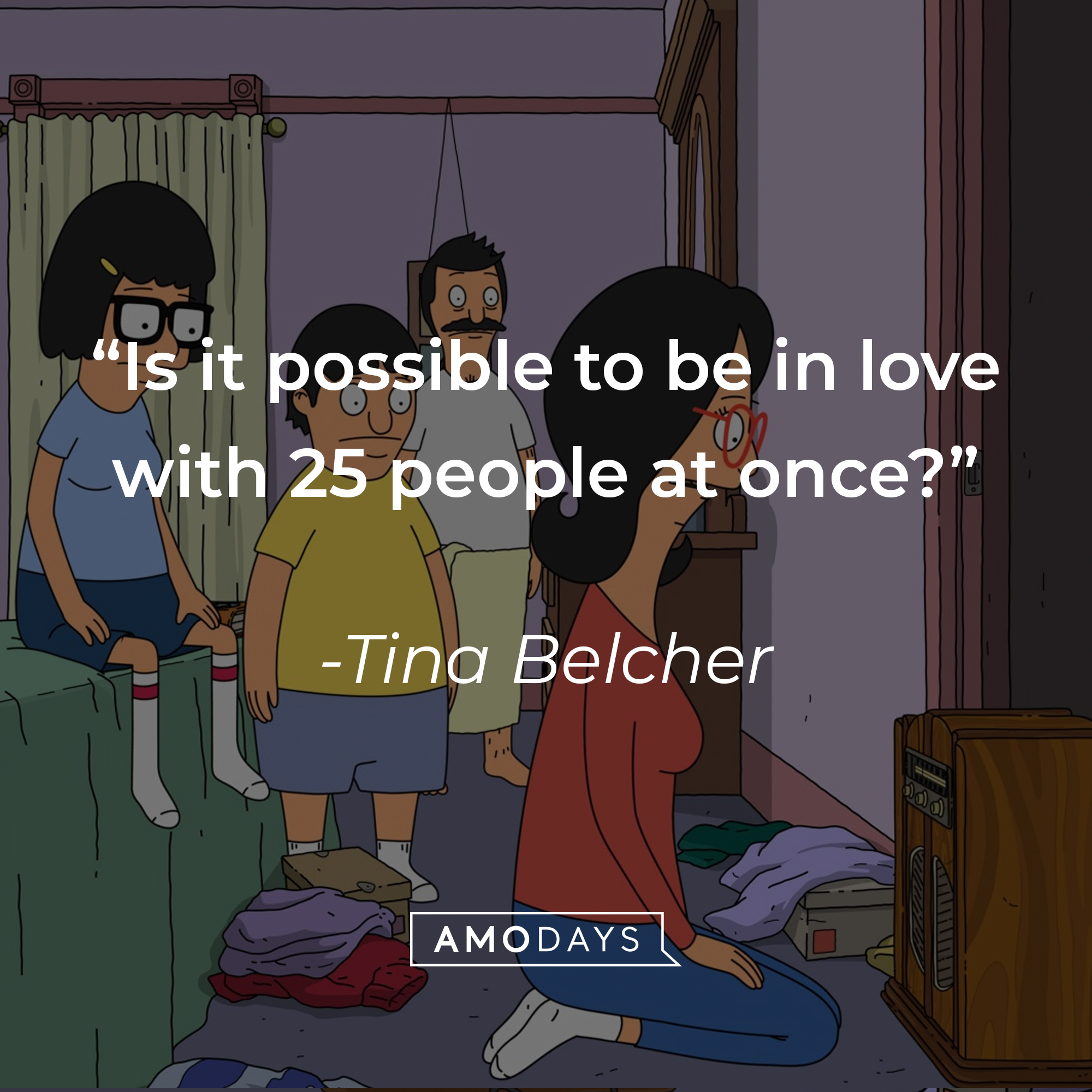 An Image of Tina Belcher and other characters from “Bob’s Burgers’s with her quote: “Is it possible to be in love with 25 people at once?” | Source: Facebook.com/BobsBurgers