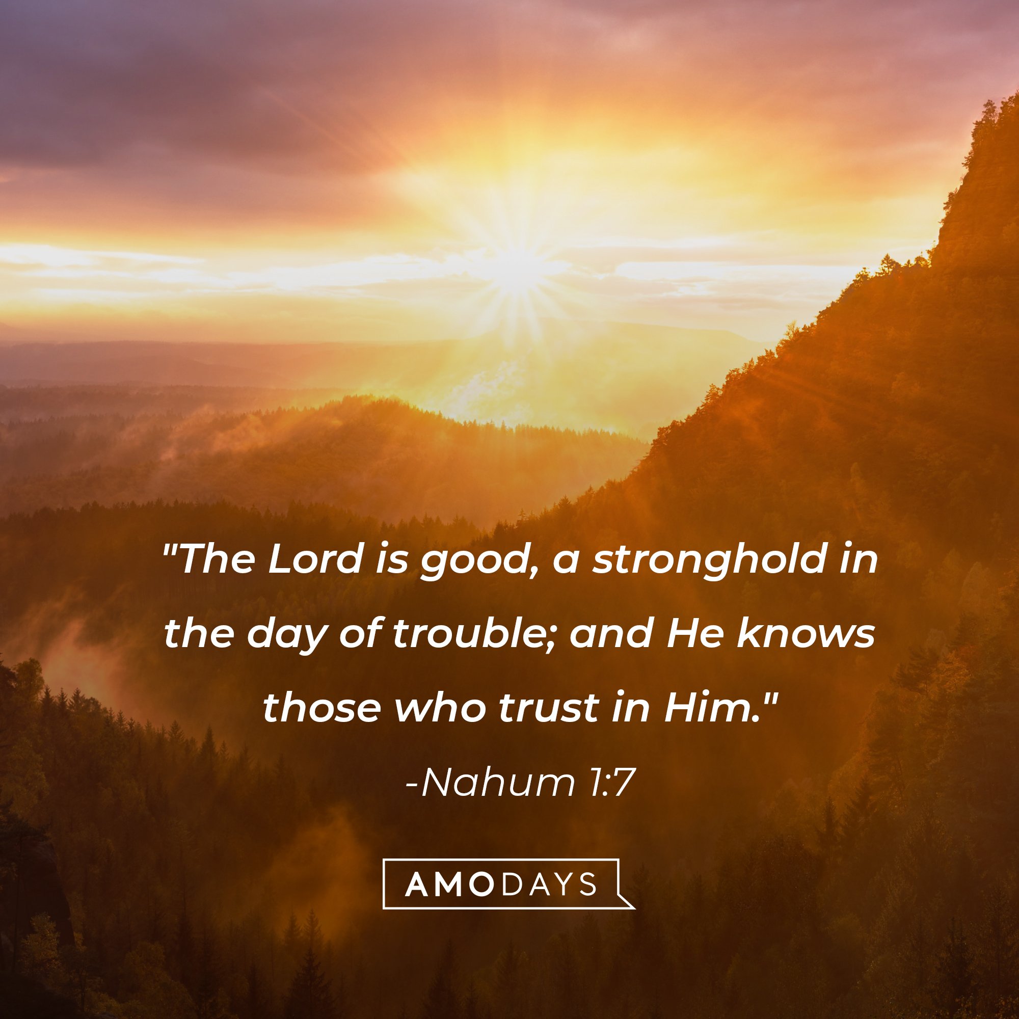 Quote from the Bible, Nahum 1:7: "The Lord is good, a stronghold in the day of trouble; and He knows those who trust in Him." | Image: AmoDays 