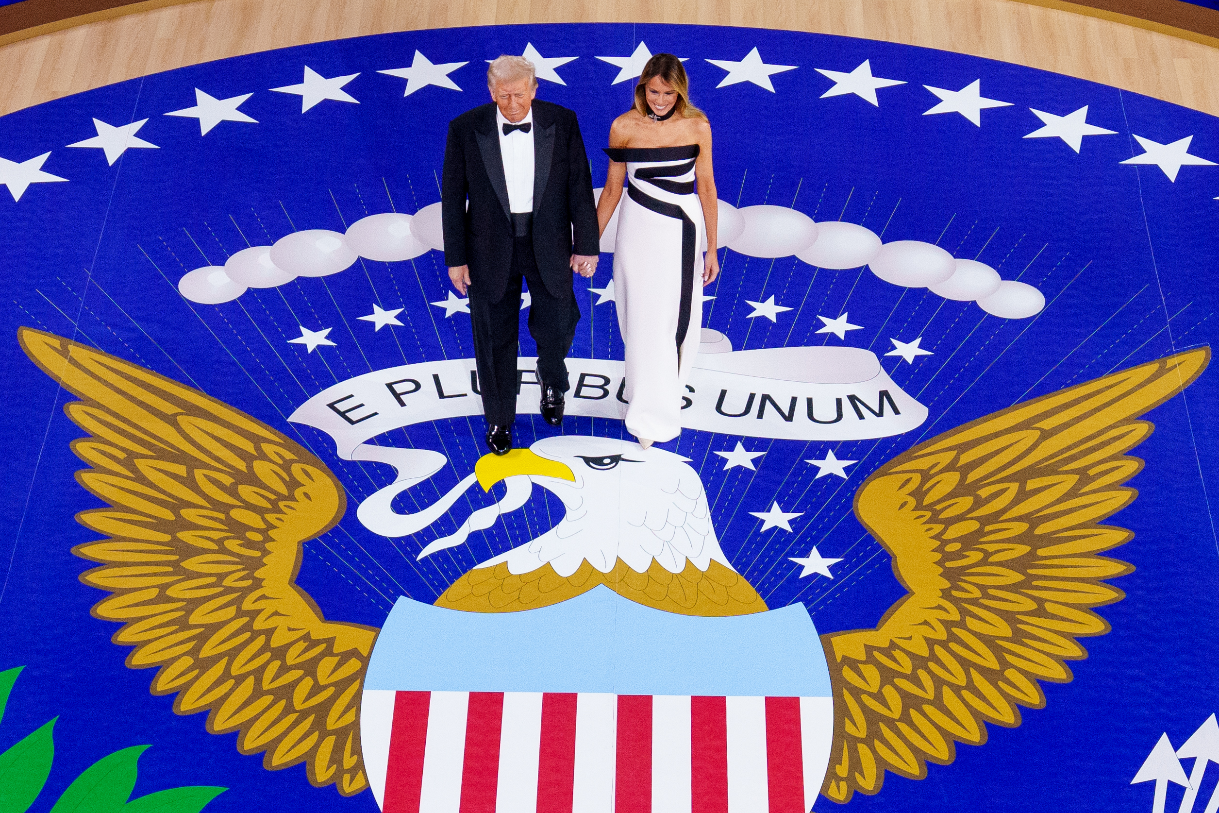 Donald and Melania Trump arriving for their dance at the Commander-in-Chief Ball. | Source: Getty Images