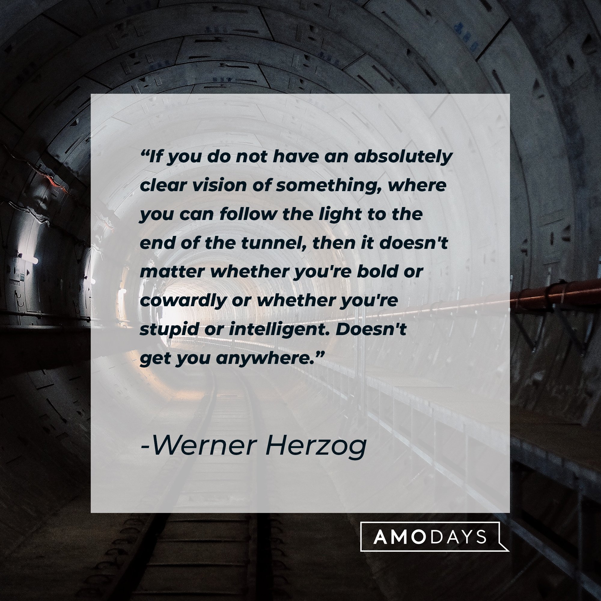 Werner Herzog’s quote: "If you do not have an absolutely clear vision of something, where you can follow the light to the end of the tunnel, then it doesn't matter whether you're bold or cowardly or whether you're stupid or intelligent. Doesn't get you anywhere." | Image: AmoDays