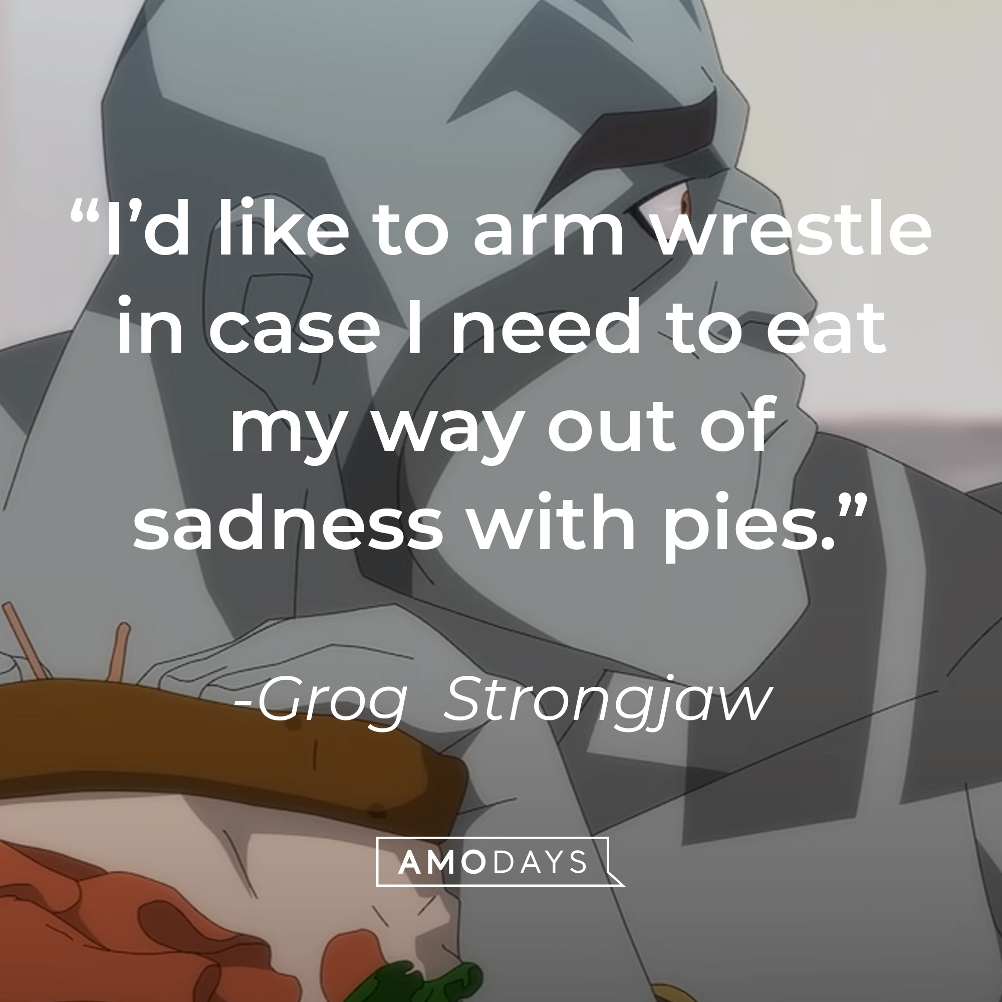 An image of Scanlan Shorthalt with her quote:m “I’d like to arm wrestle in case I need to eat my way out of sadness with pies.” | Source: youtube.com/PrimeVideo