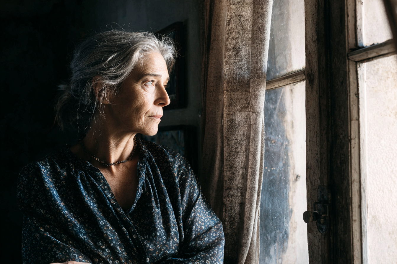 Starsza kobieta stojąca przy oknie | Źródło: Midjourney