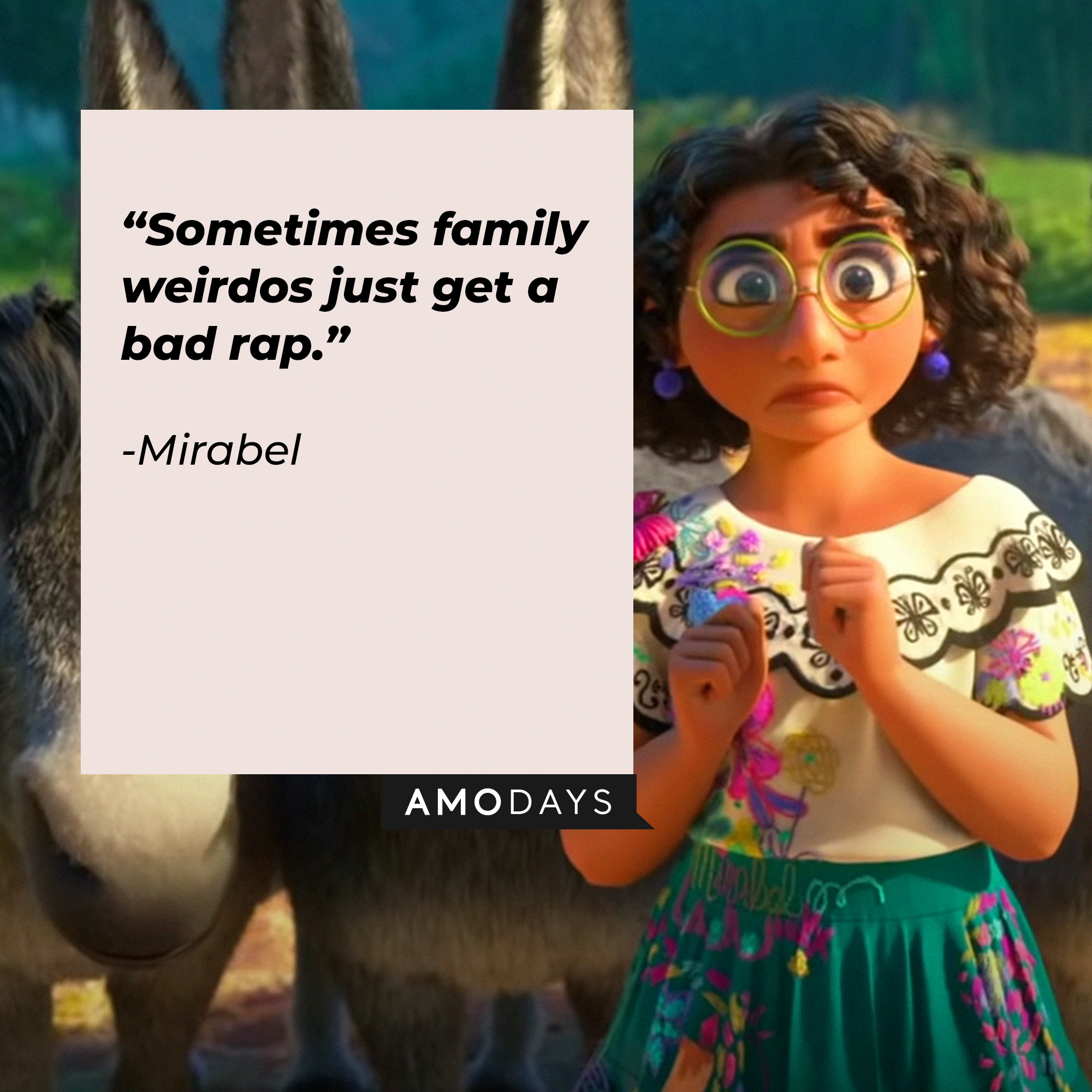 An image of Mirabel, with her quote: "Sometimes family weirdos just get a bad rap." | Source: Youtube.com/DisneyMusicVEVO