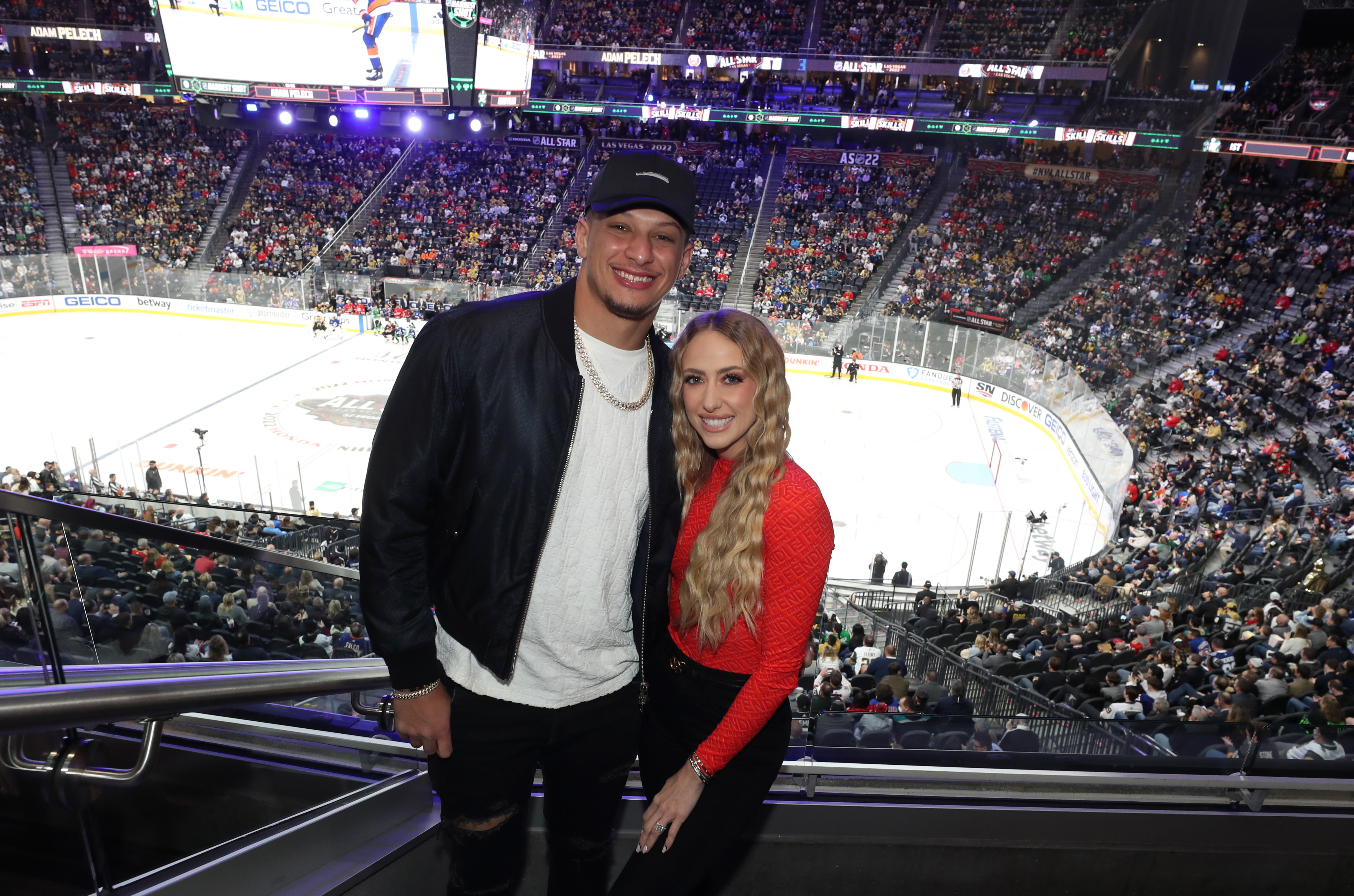 Patrick Mahomes of the Kansas City Chiefs and Brittany Mahomes attend the 2022 NHL All-Star Skills as part of the 2022 NHL All-Star Weekend on February 4, 2022, in Las Vegas, Nevada | Source: Getty Images