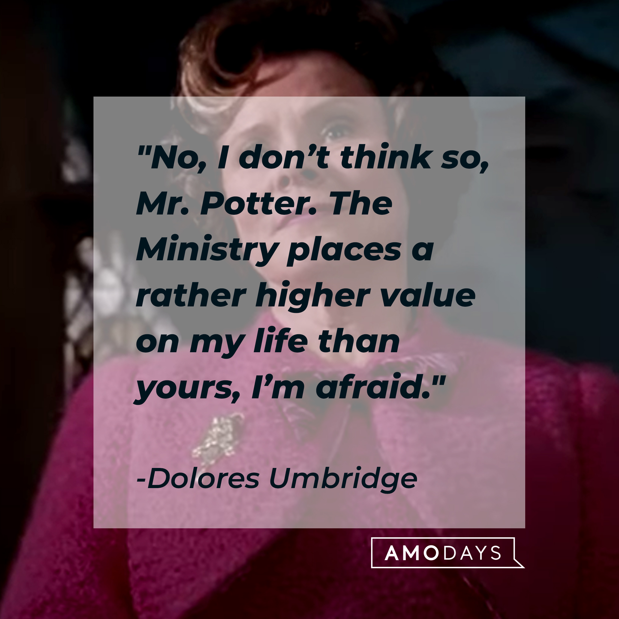 A photo of Dolores Umbridge with the quote, "No, I don't think so, Mr. Potter. The Ministry places a rather higher value on my life than yours, I'm afraid."  | Source: Facebook/harrypotter