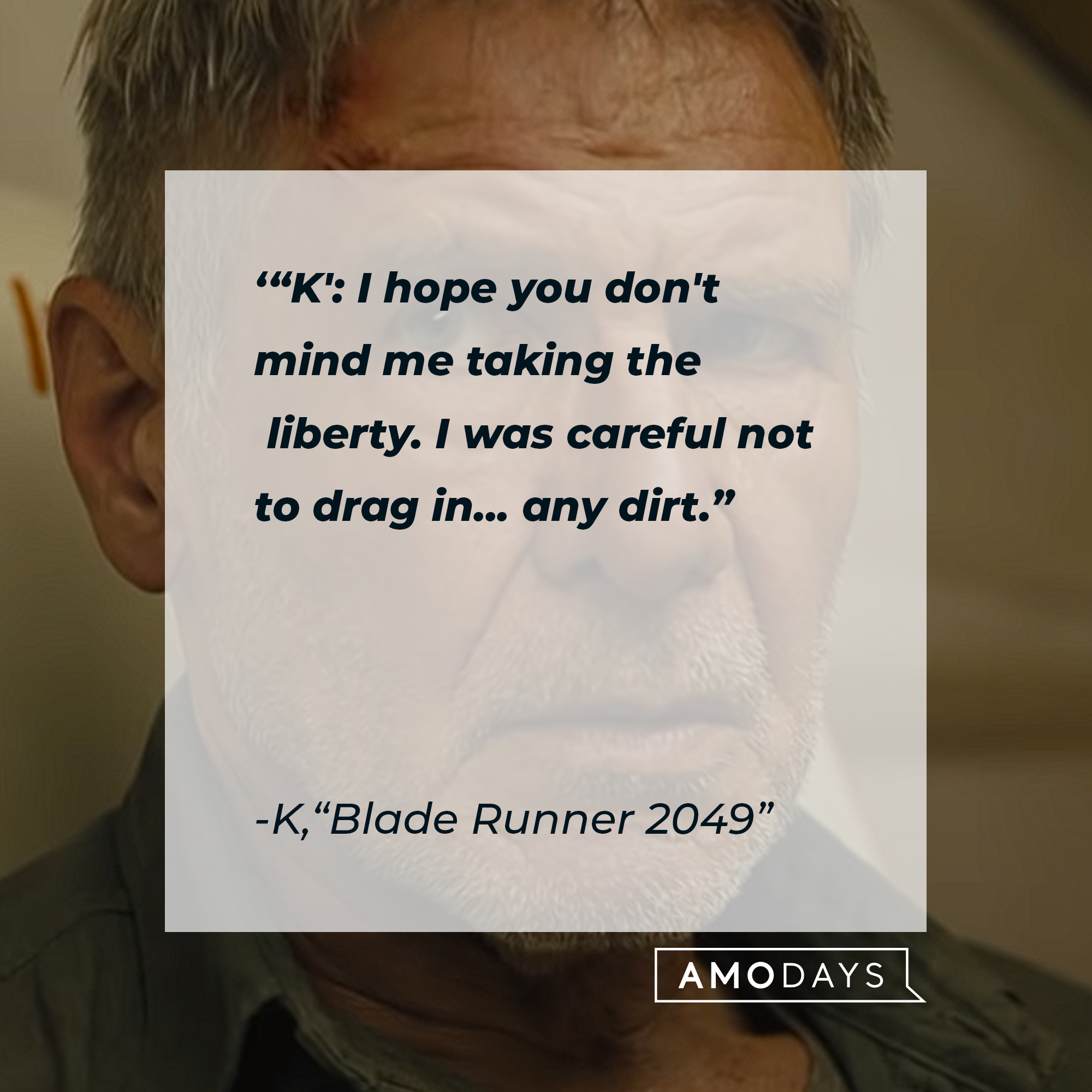 An image of Rick Deckard with the quote: '"K': I hope you don't mind me taking the liberty. I was careful not to drag in... any dirt." | Source: Youtube.com/WarnerBrosPictures